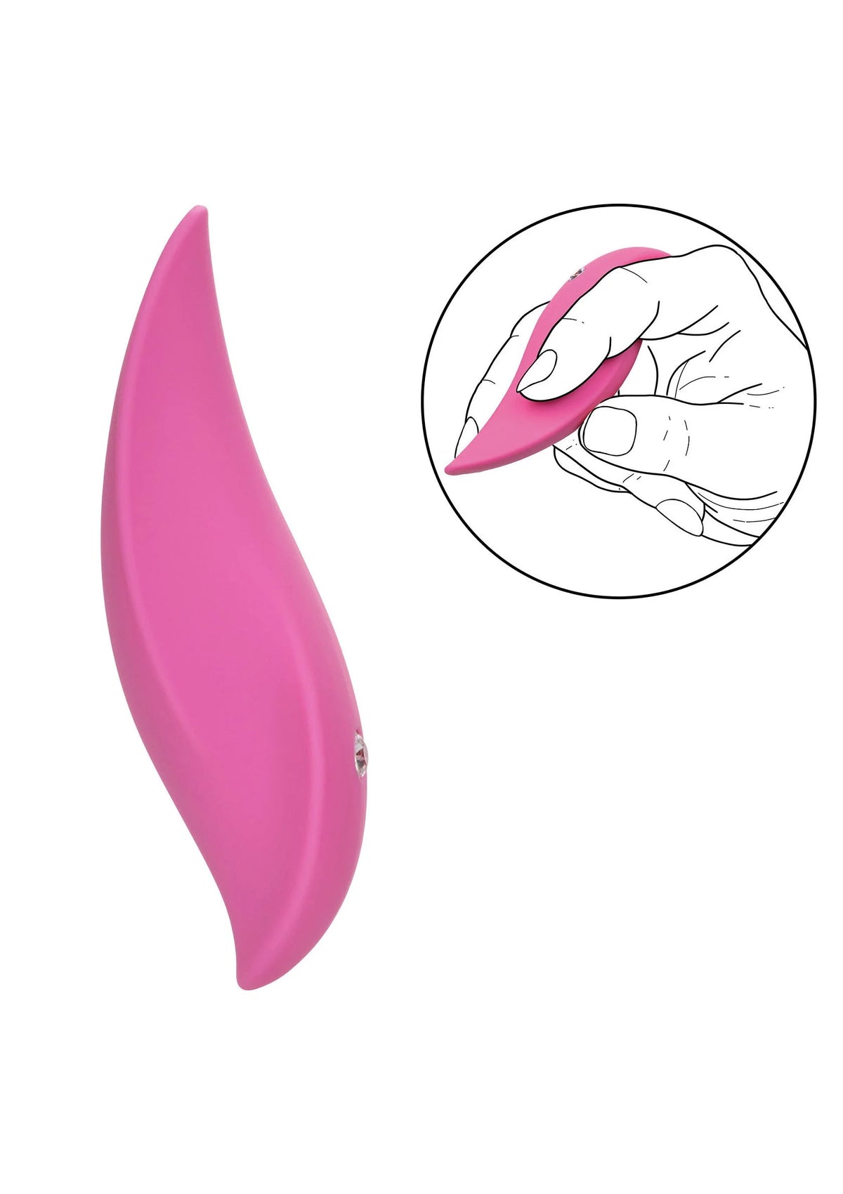 Roze vibrator met slanke ovale vorm en zilverkleurige knop, zijaanzicht