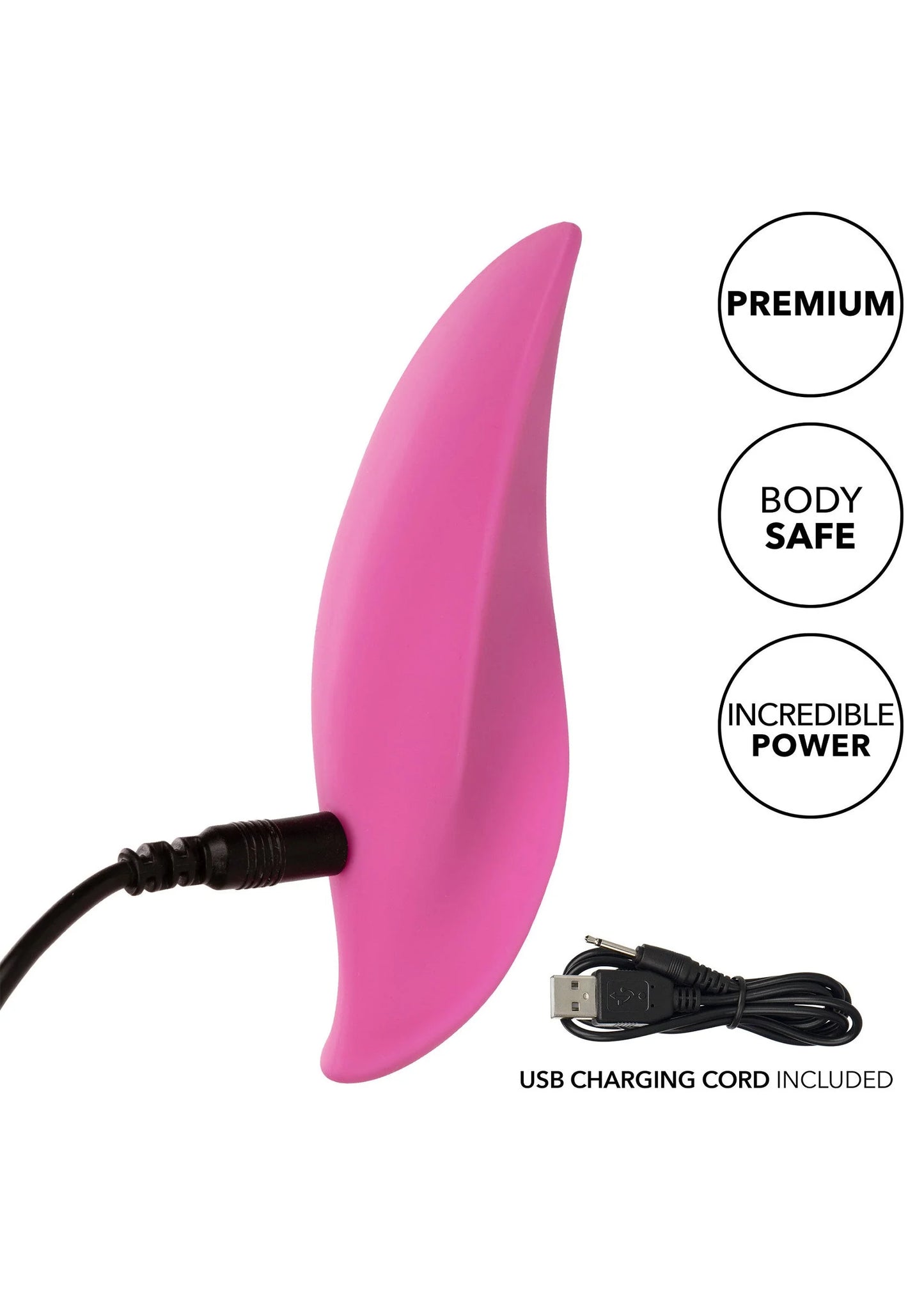 Roze vibrator met USB-laadkabel aangesloten, puntige ovale vorm