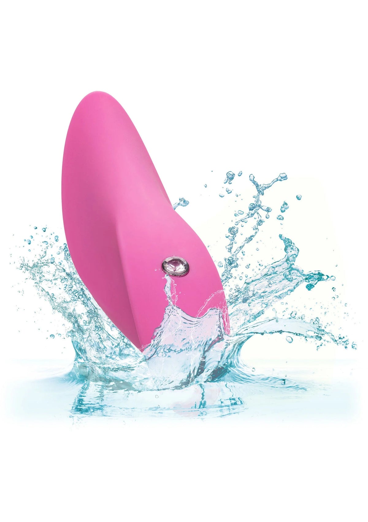 Roze vibrator met zilverkleurige knop en waterdruppels rondom