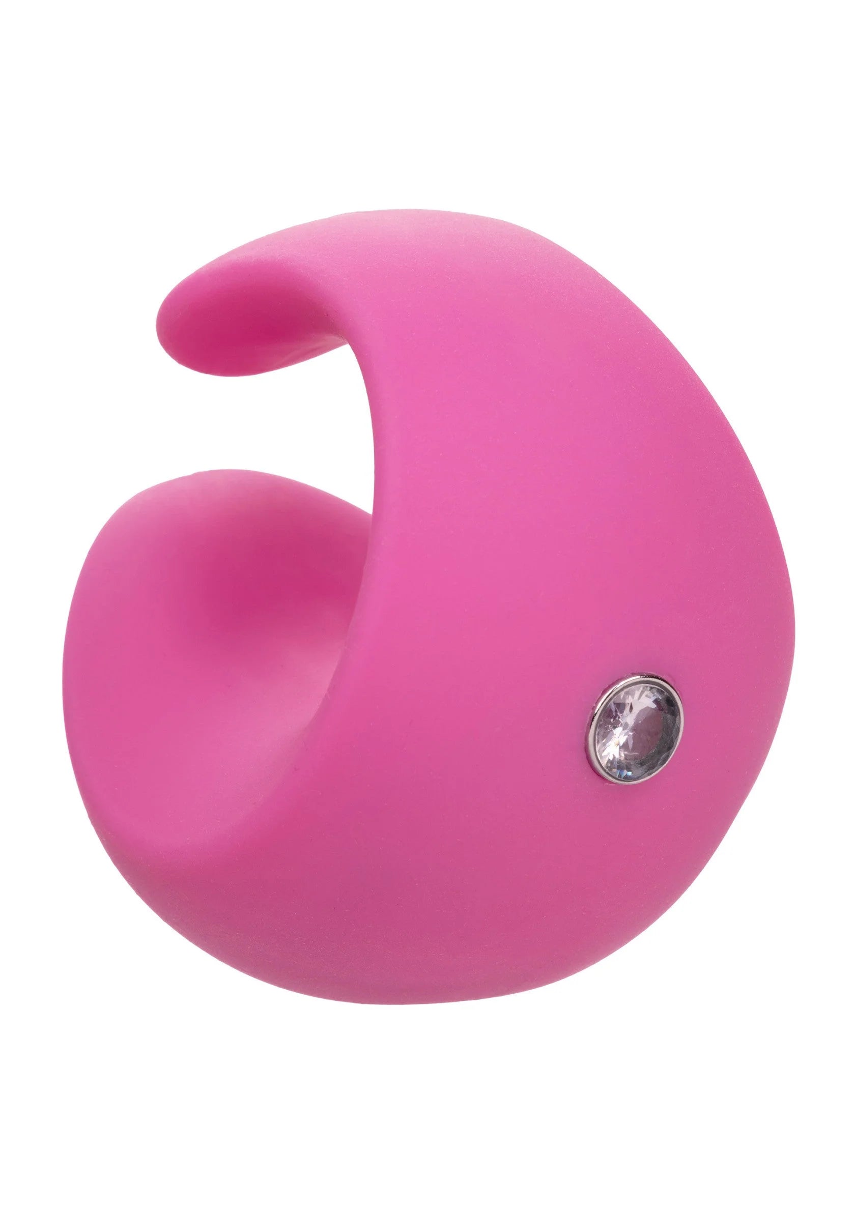 Roze gebogen vingervibrator van zacht siliconen met metalen ronde inzet bovenaan.