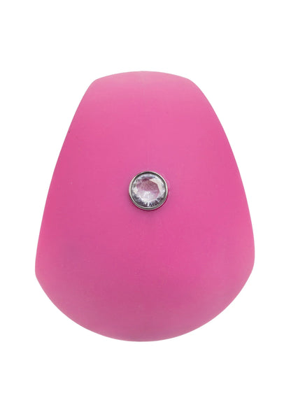 Roze vinger-vibrator in druppelvorm met ronde metalen inzet op de voorkant