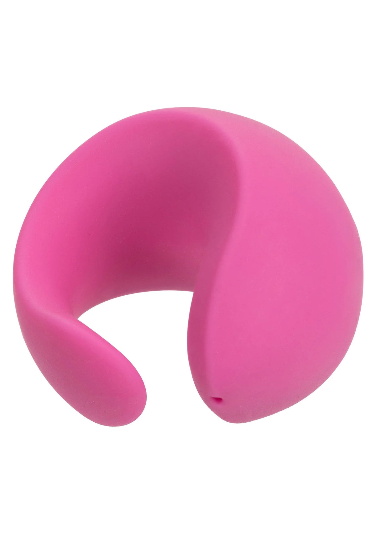 Roze gebogen siliconen vibrator, zijkant met holle uitsparing en metalen knop.