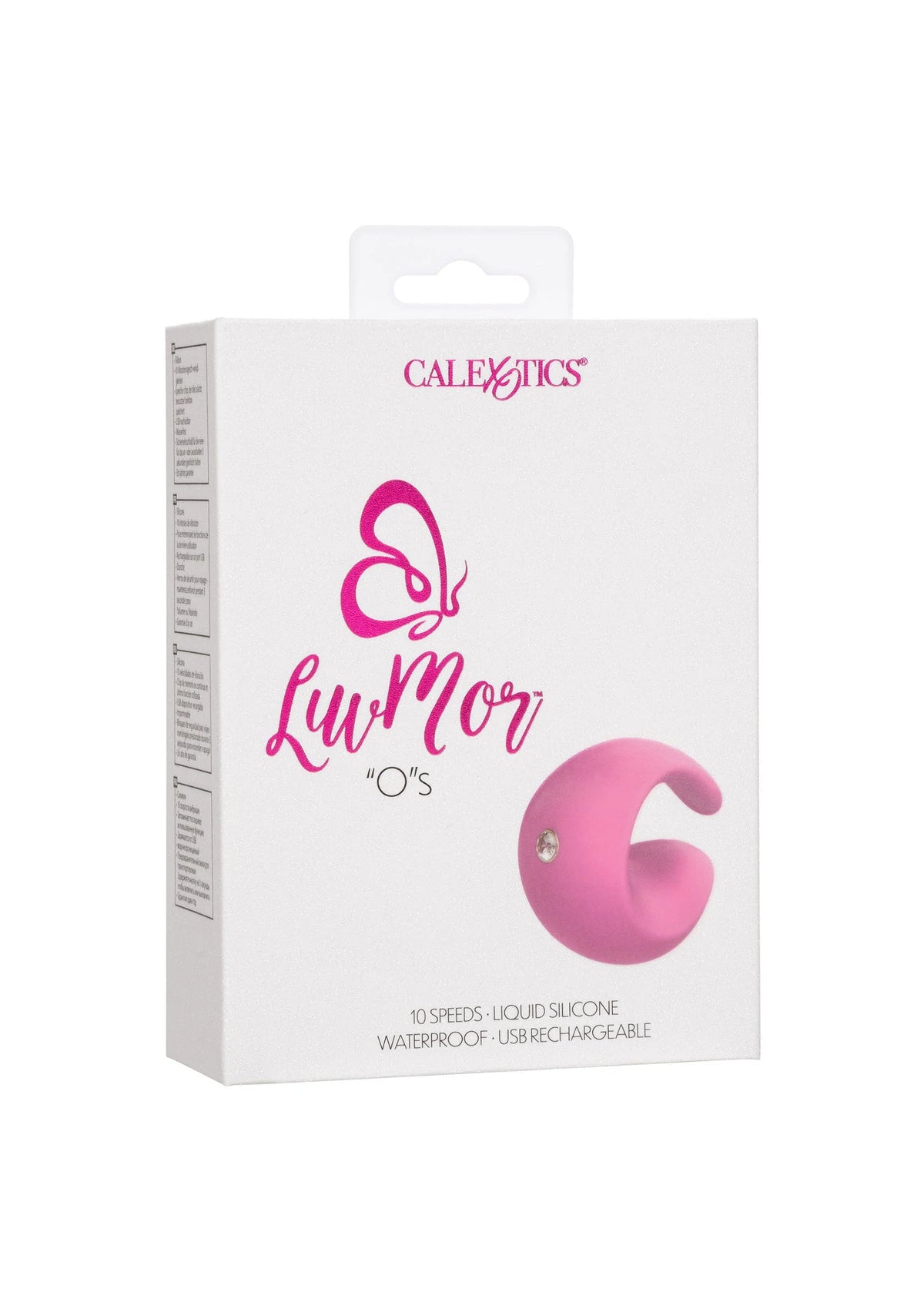 Roze LuvMor vingervibrator in verpakking met zichtbare siliconen vorm en metalen inzet.