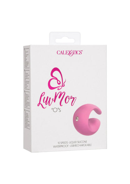 Roze LuvMor vingervibrator in verpakking met zichtbare siliconen vorm en metalen inzet.
