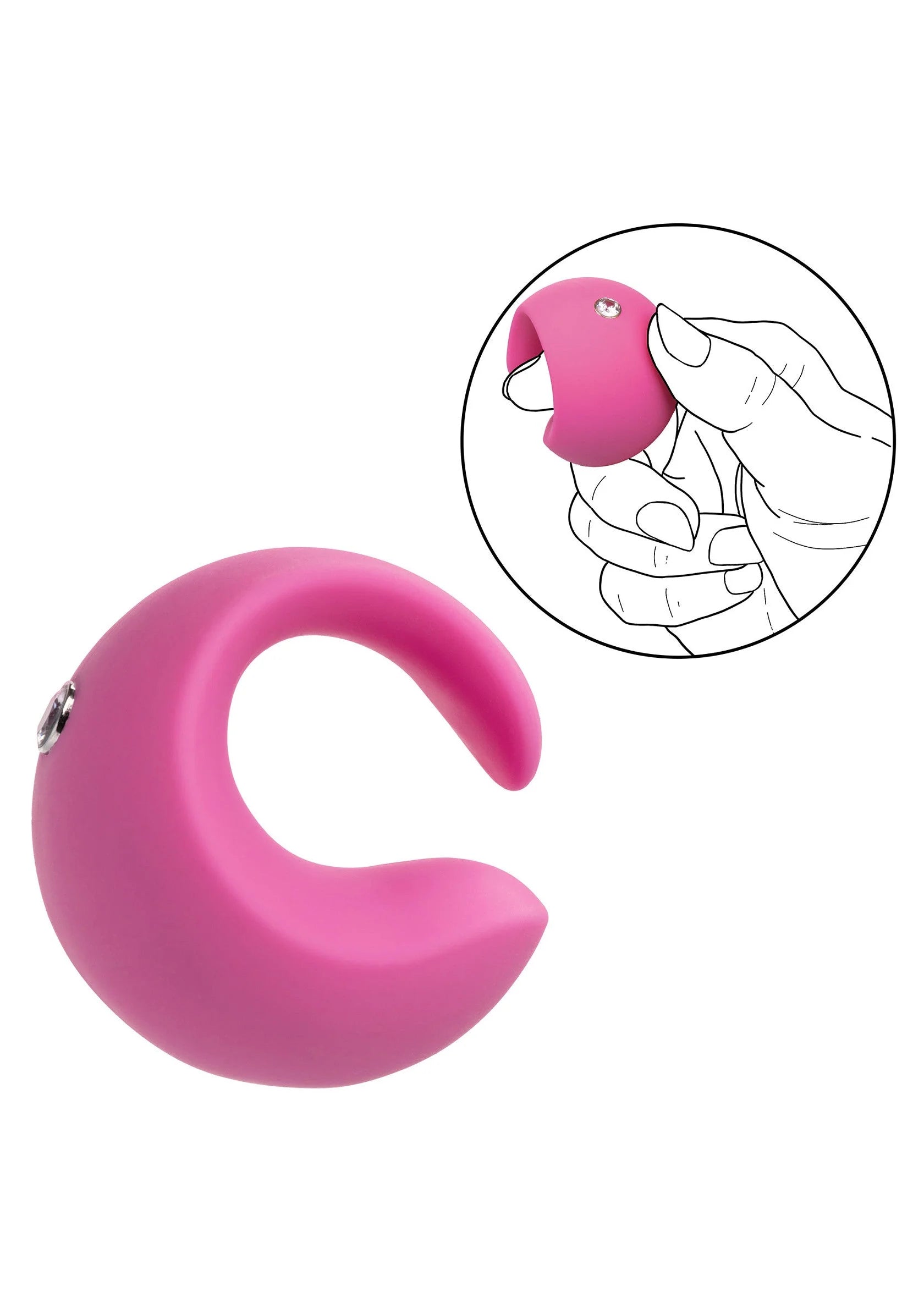 Roze gebogen vingervibrator met metalen inzet en klik/curve-vorm, zijaanzicht.