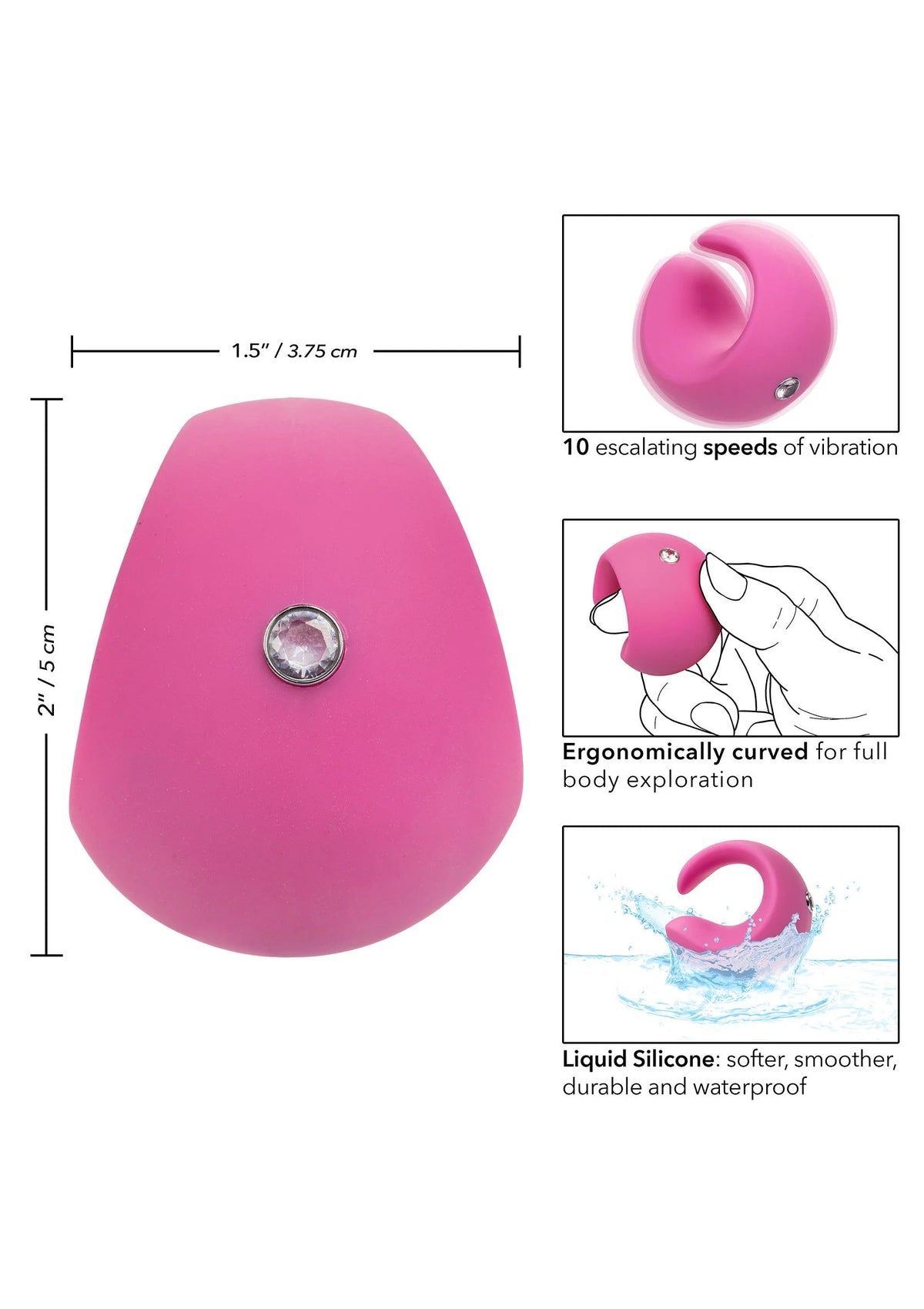 Roze siliconen vingervibrator met metalen inzet en gebogen ergonomische vorm.