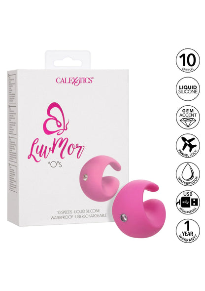Roze LuvMor vingervibrator met metalen inzet, afgebeeld met productverpakking en badges.
