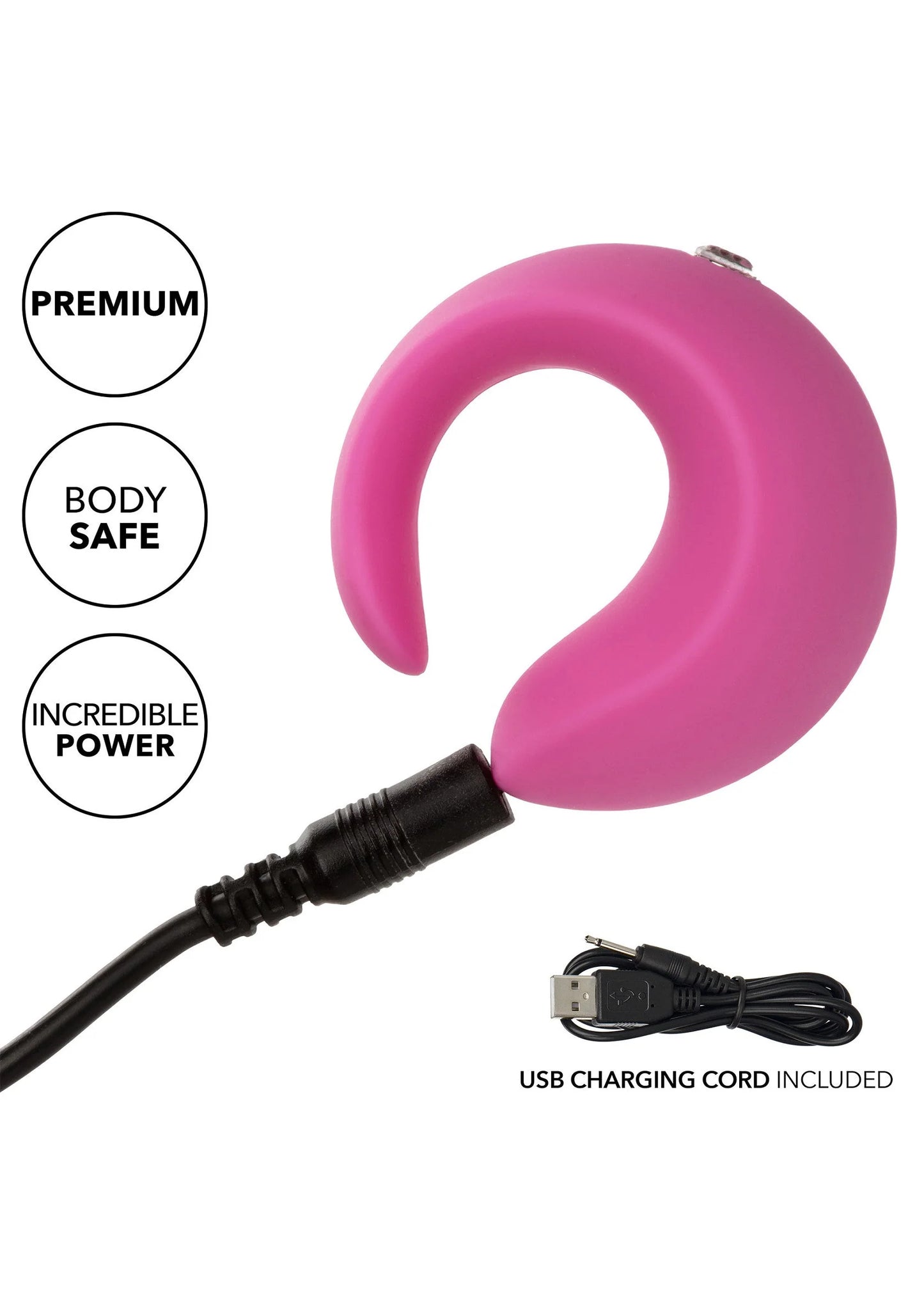 Roze gebogen vingervibrator met USB-oplaadkabel; ronde metalen inzet op de bovenkant.