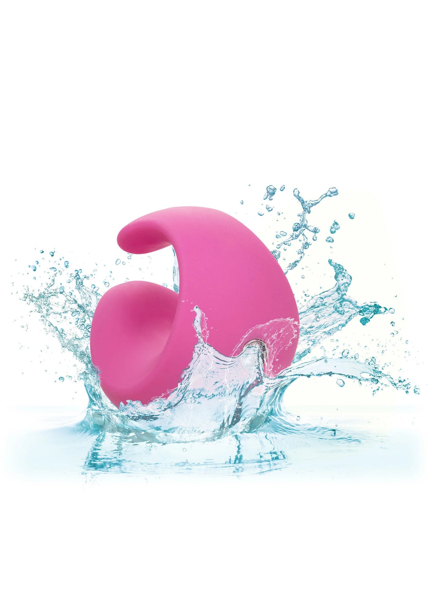 Roze waterdichte vingervibrator met metalen inzet, met spatwater rond het toestel.
