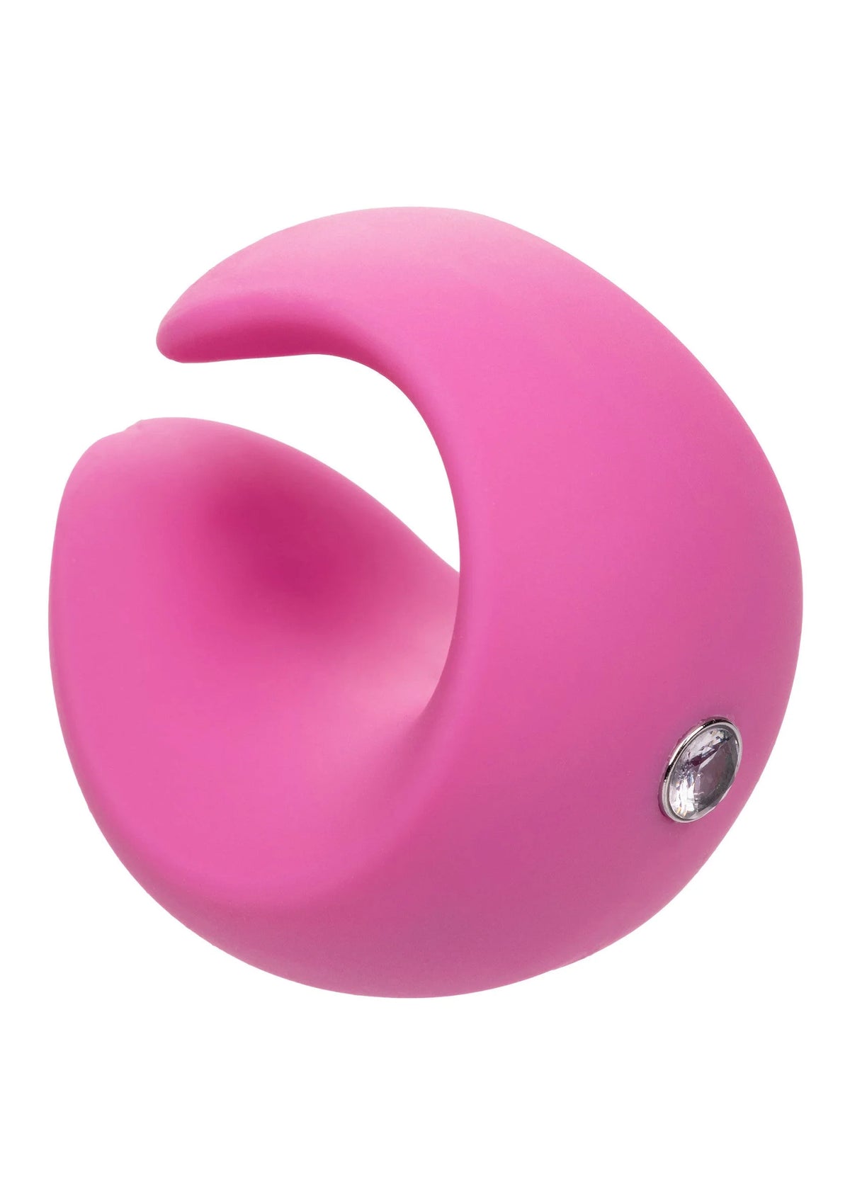 Roze gebogen siliconen vingervibrator met metalen ronde inzet, frontaal weergegeven.