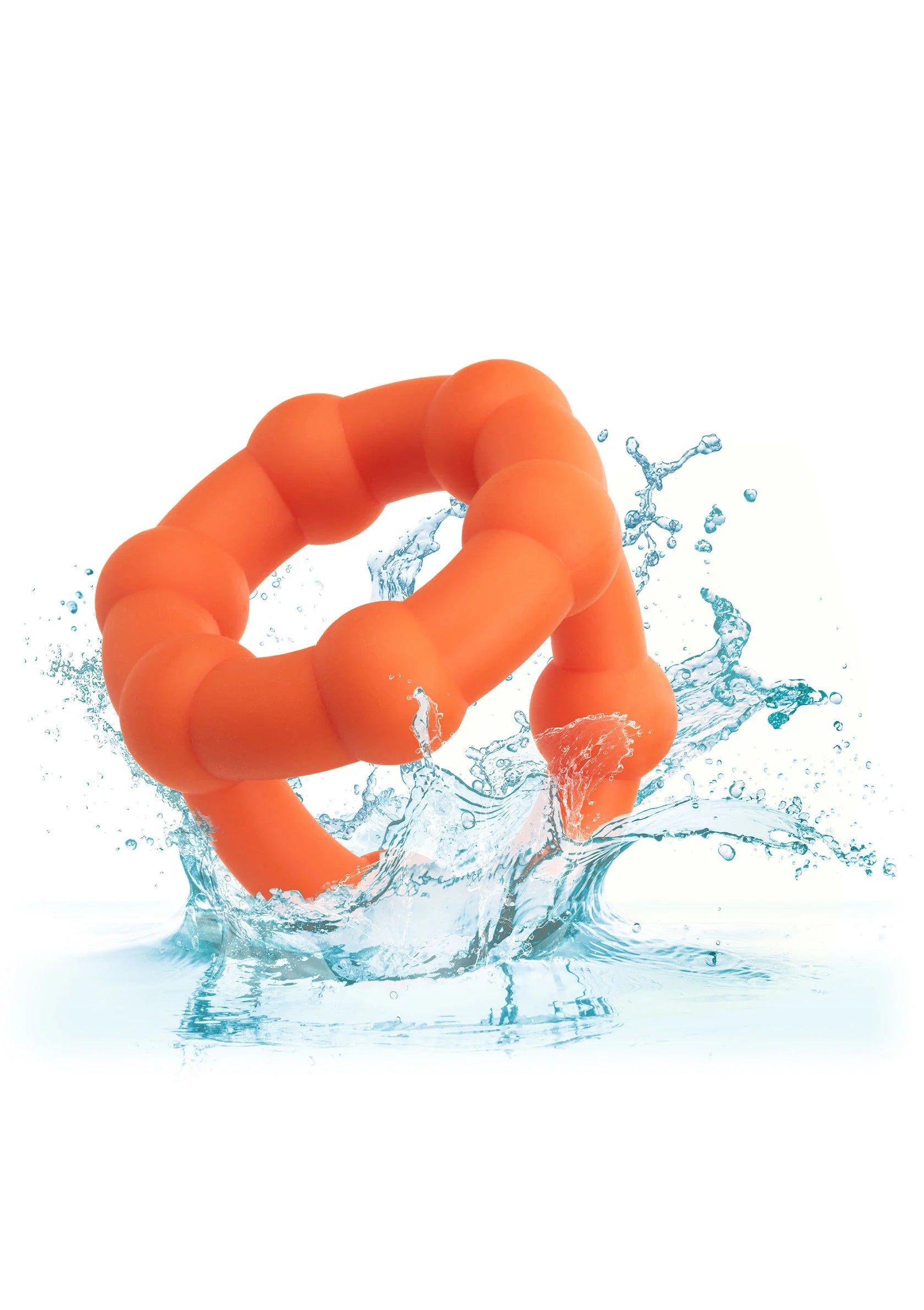Oranje siliconen ring met open midden, met spetters water eromheen