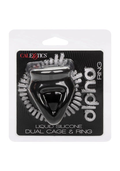 Verpakte zwarte dual cage ring van vloeibare siliconen, voorkant met productnaam