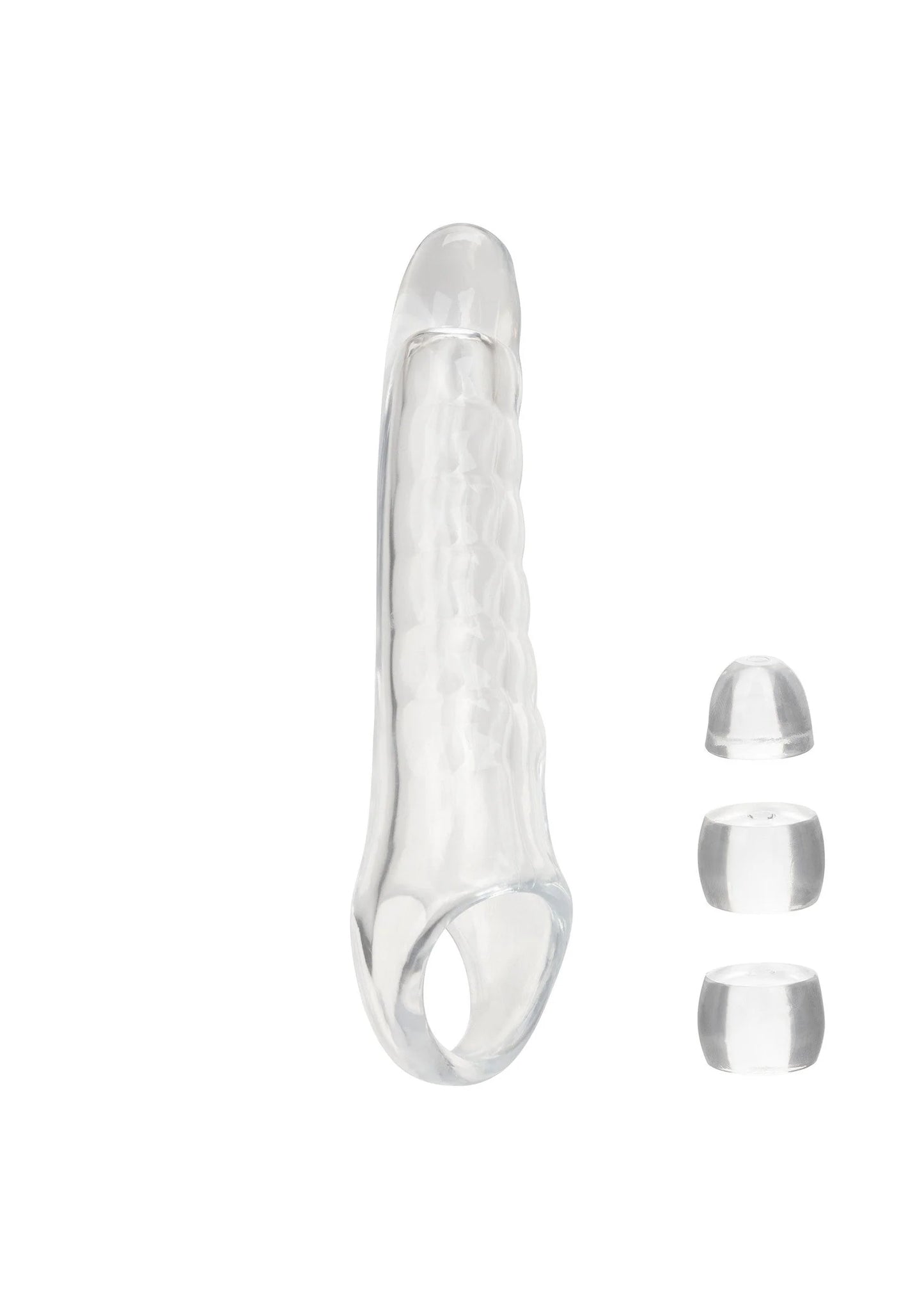 CalExotics transparante penisextensie met open ring en geribbelde textuur
