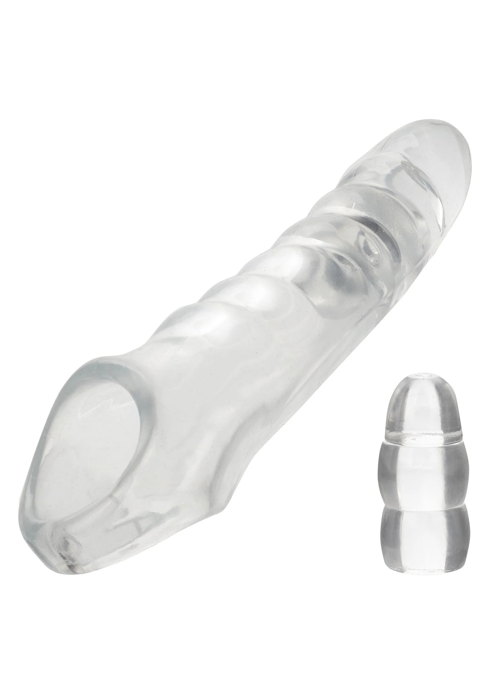 Transparante verlengingsset met geprofileerde dildo en 2 stopjes