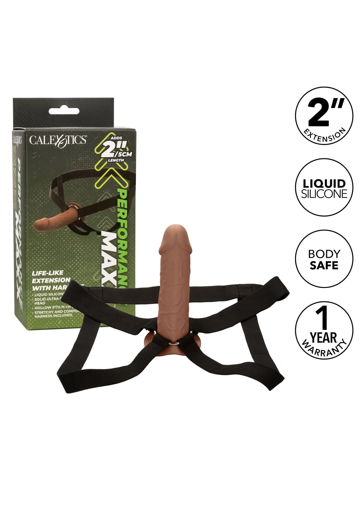 CalExotics verlengdildo met W-harnas en zwarte verstelriemen, in verpakking