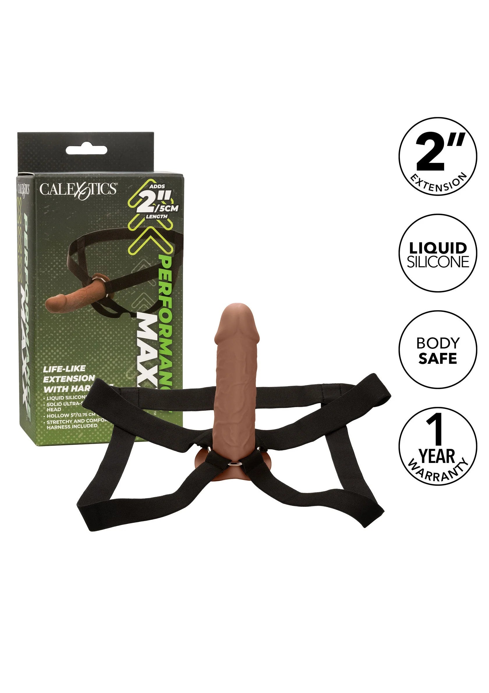 CalExotics verlengdildo met W-harnas en zwarte verstelriemen, in verpakking