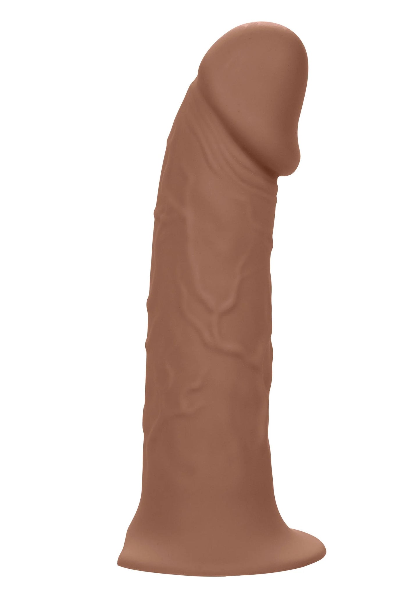 Bruine realistische dildo-extensie voor W-harnas, zijaanzicht