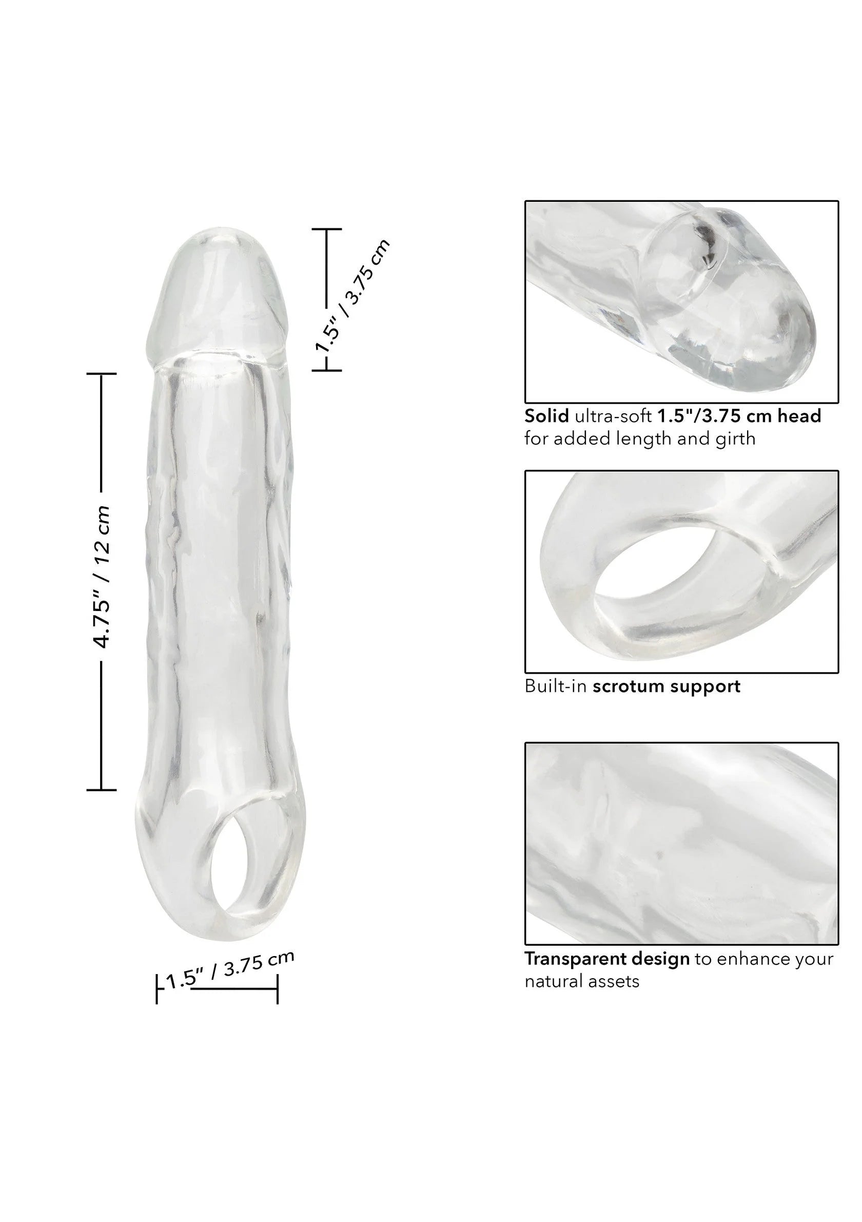 Transparante penisextensie, taps toelopende vorm met open ring aan het uiteinde.