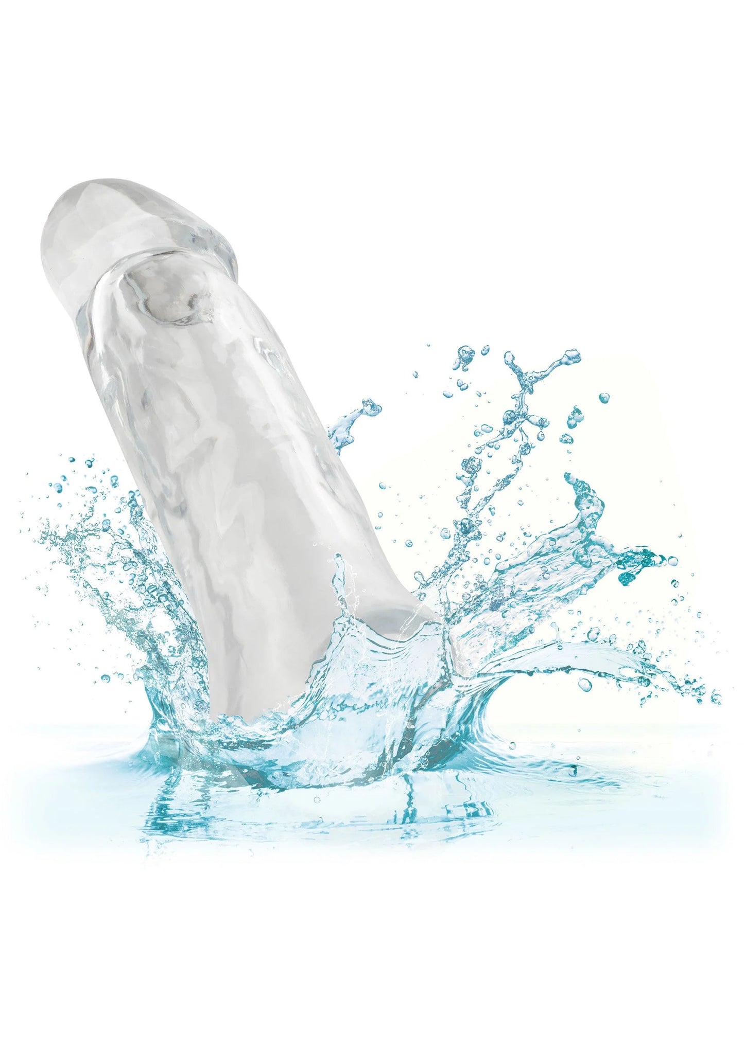 Transparante penisextensie met waterdruppels en spattend water rondom.