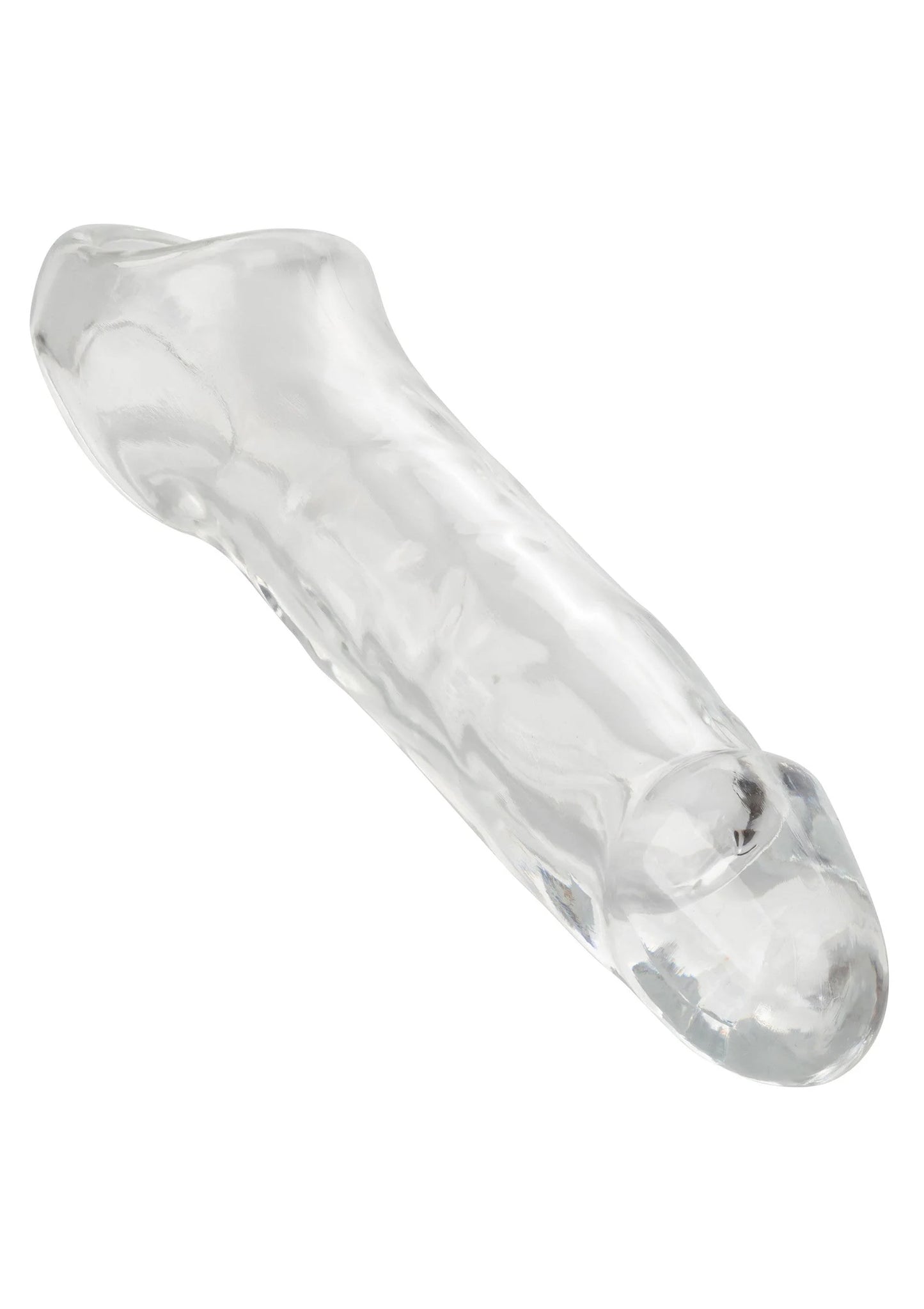 Transparante penisextender met ovale kop en transparante structuur.