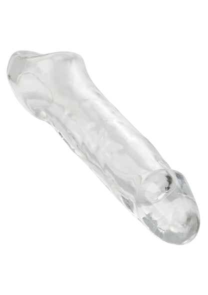 Transparante penisextender met ovale kop en transparante structuur.