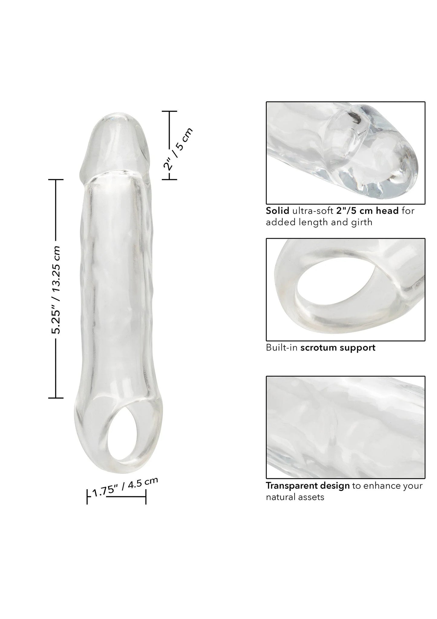 Transparante penisextender met gebogen vorm en ingebouwde steun, 7,5 inch.