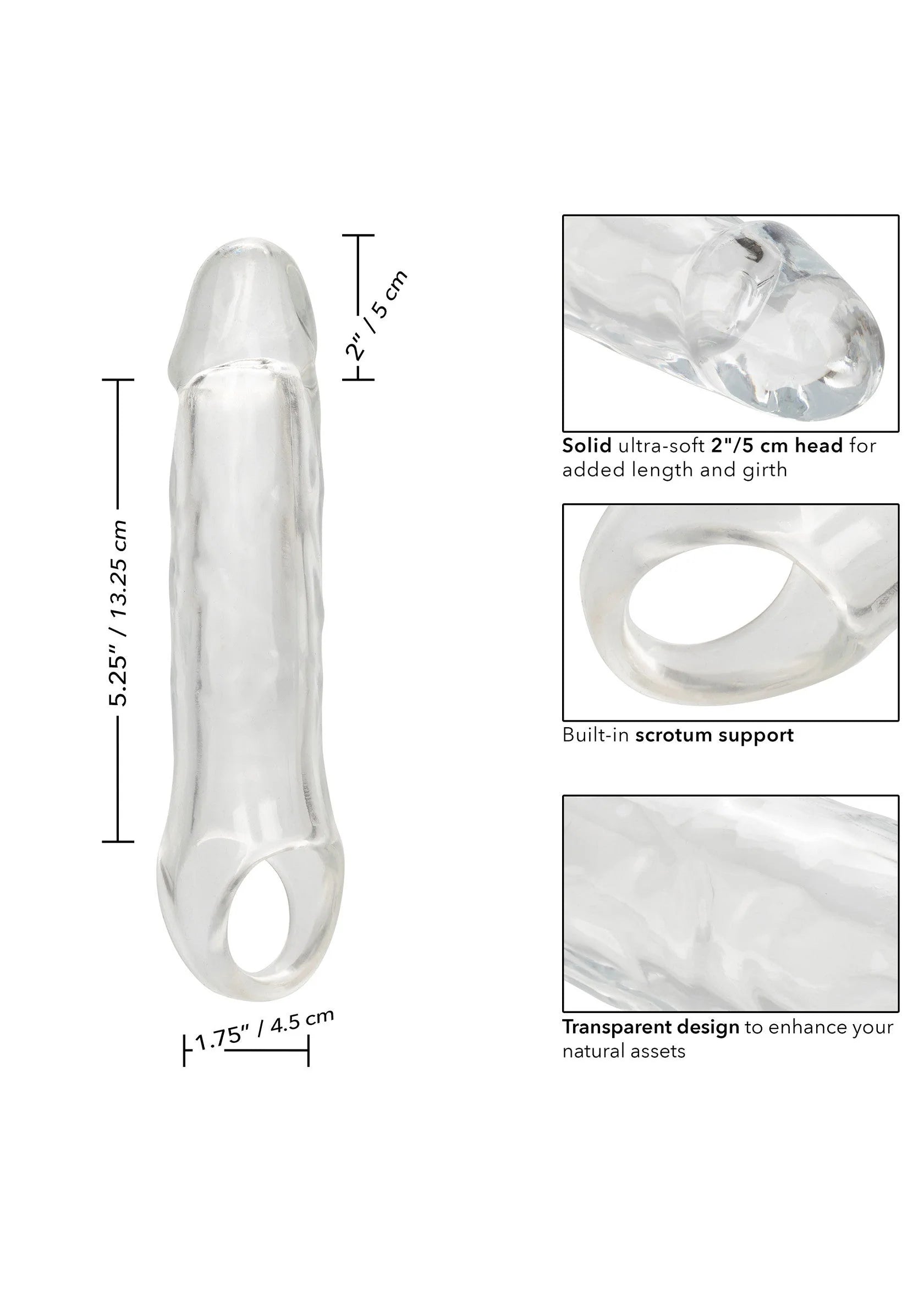 Transparante penisextender met gebogen vorm en ingebouwde steun, 7,5 inch.