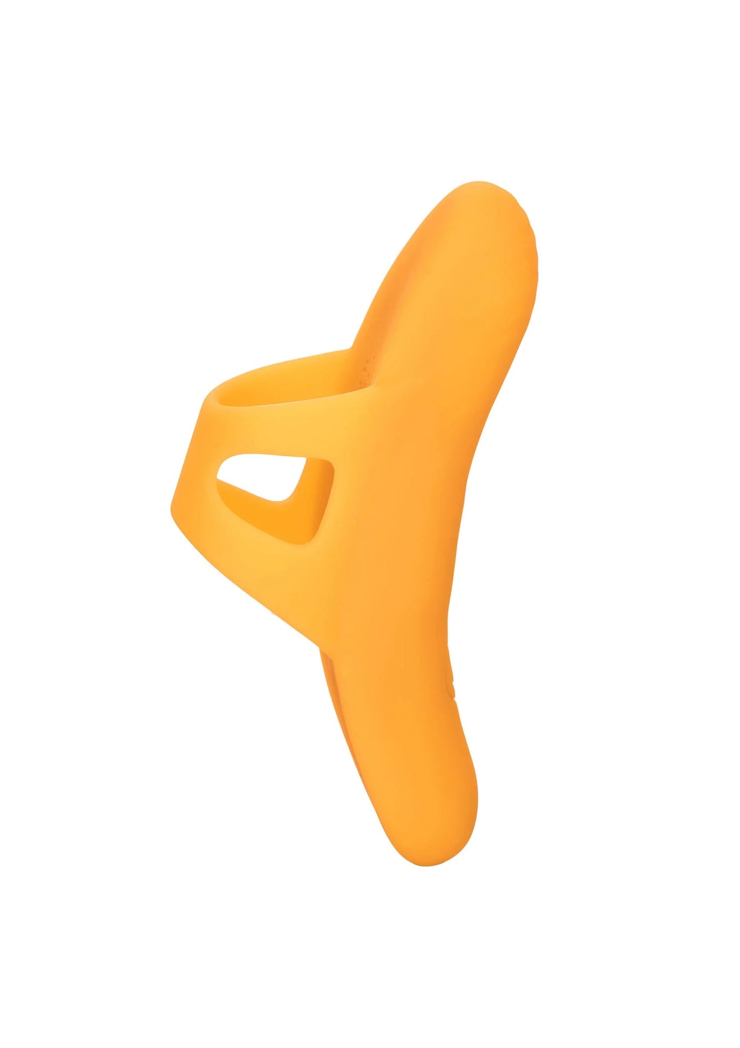 Oranje siliconen vibrator met driehoekige kop en ovale uitsparing.