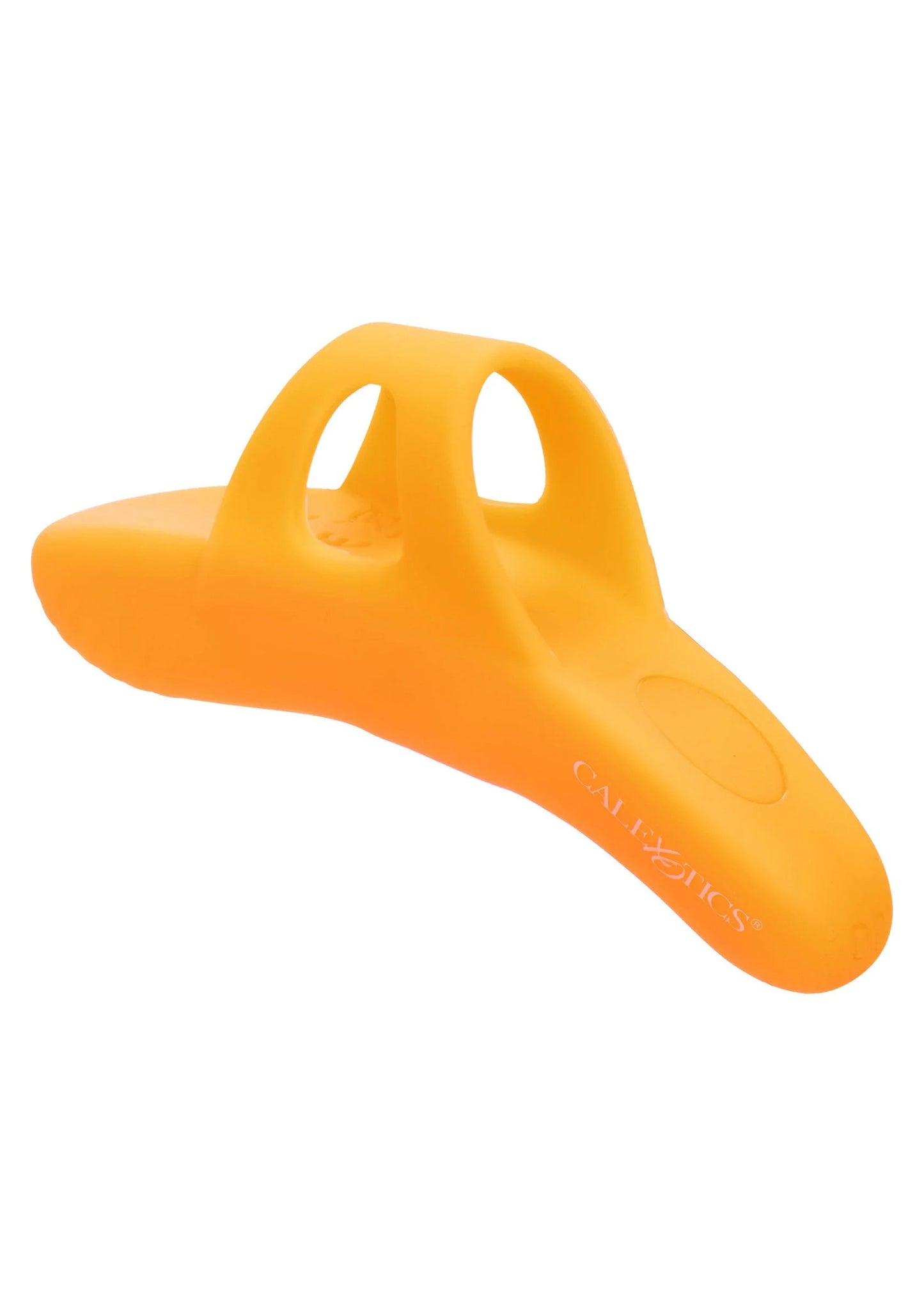 Oranje siliconen vibrator, langwerpige vorm met ovale openingen en tekst op de basis.