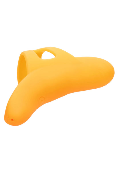 Oranje siliconen vibrator, close-up van kop met ovale openingen en afgeronde punt.