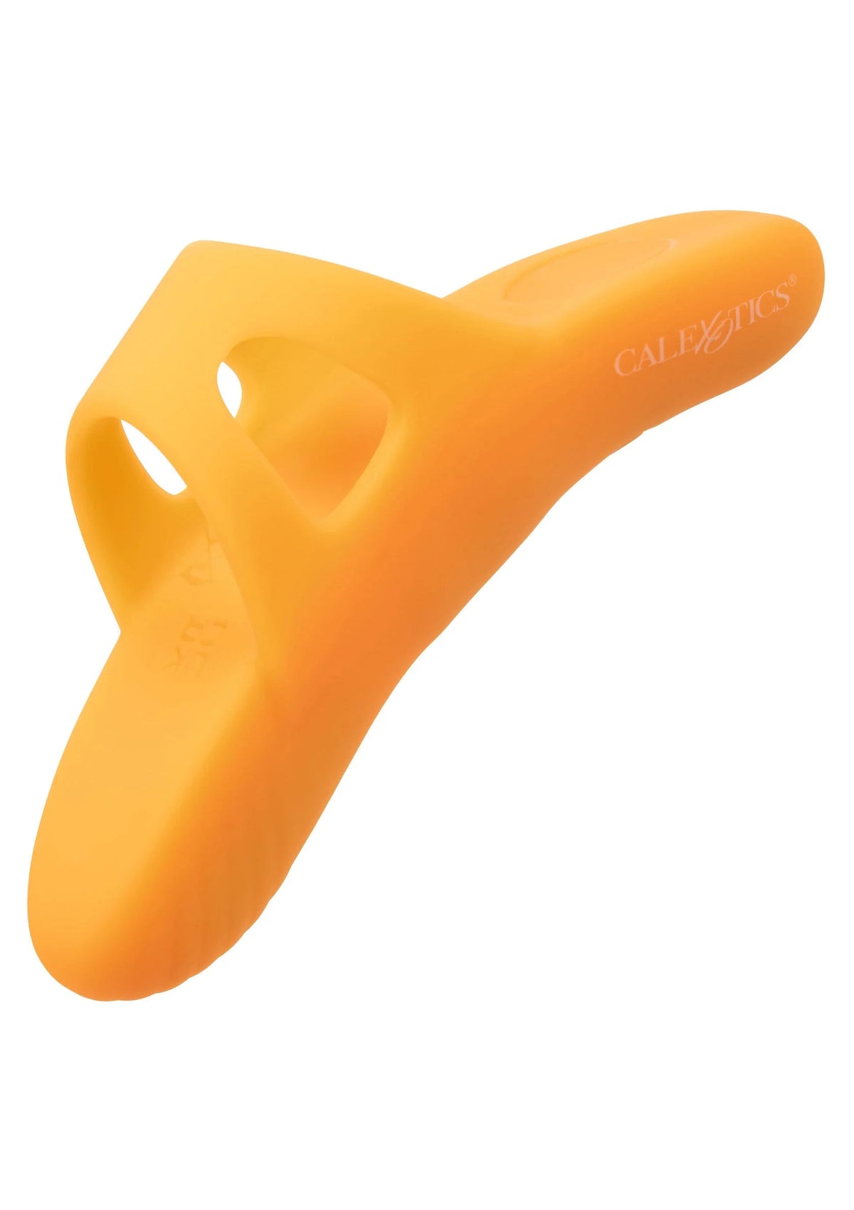 Oranje siliconen vibrator met CalExotics-opschrift op de steel en ovale openingen.