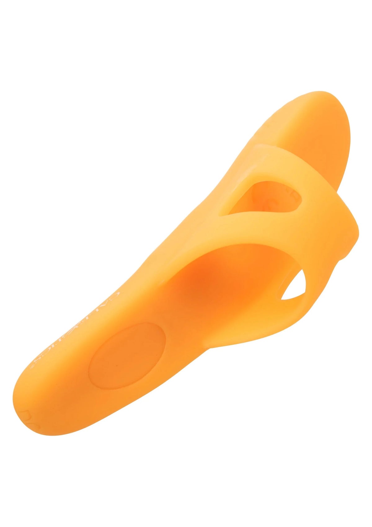 Oranje siliconen vibrator, close-up met ovale openingen op de lange steel.