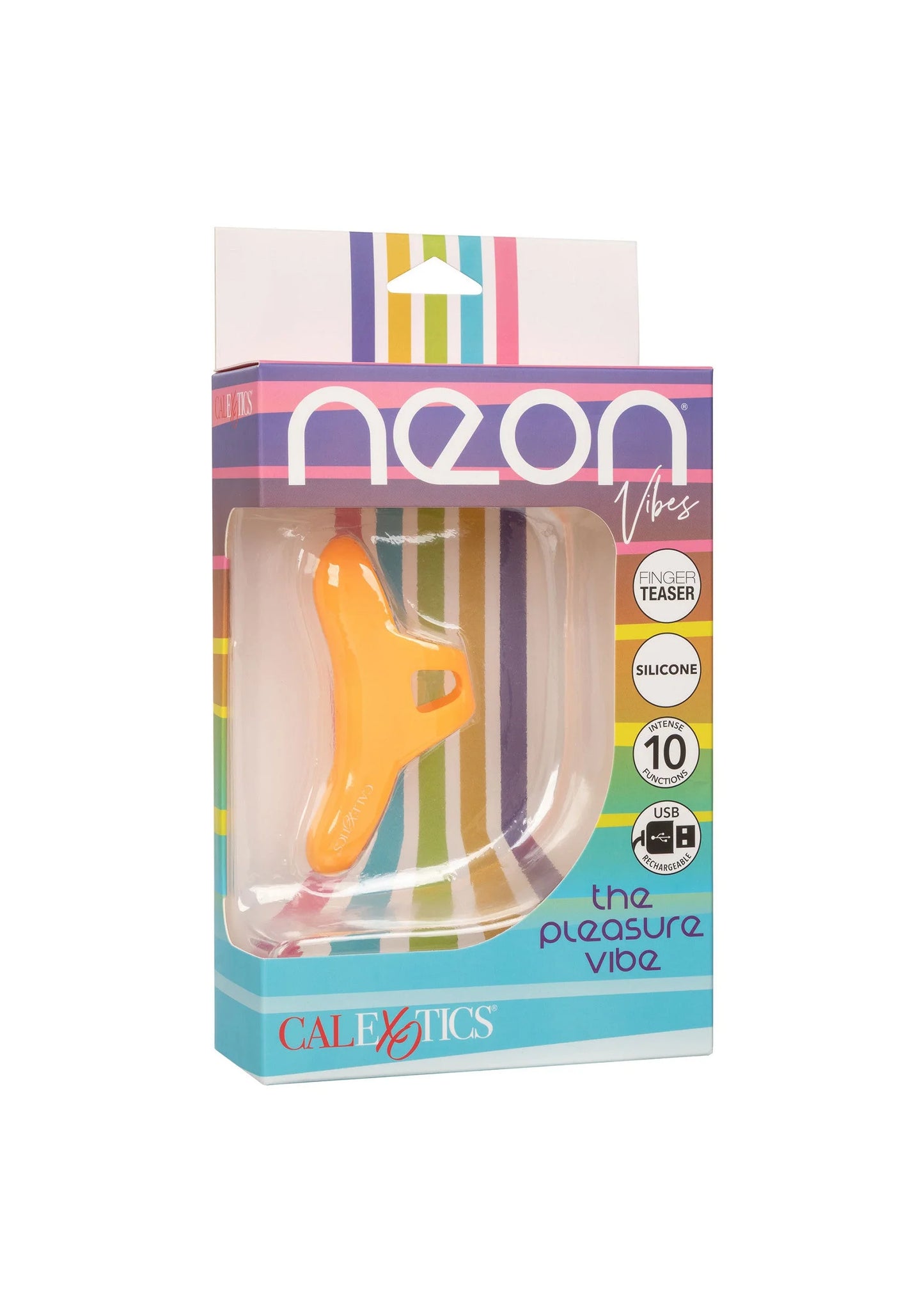 Verpakking van CalExotics Neon Vibes vibrator, oranje, met label voor 10 standen.