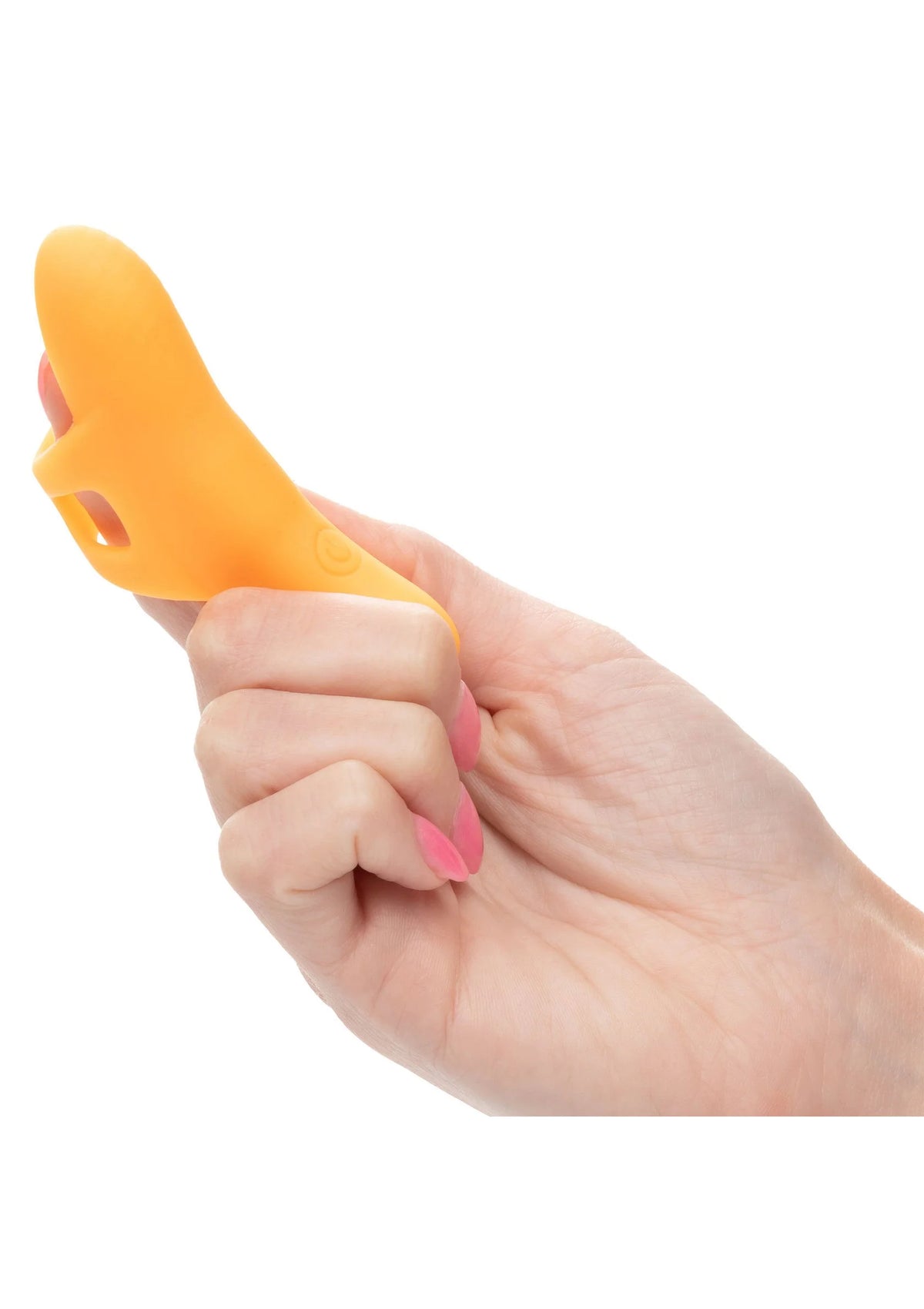 Oranje siliconen vibrator vastgehouden in hand, afgeronde kop met uitsparing.