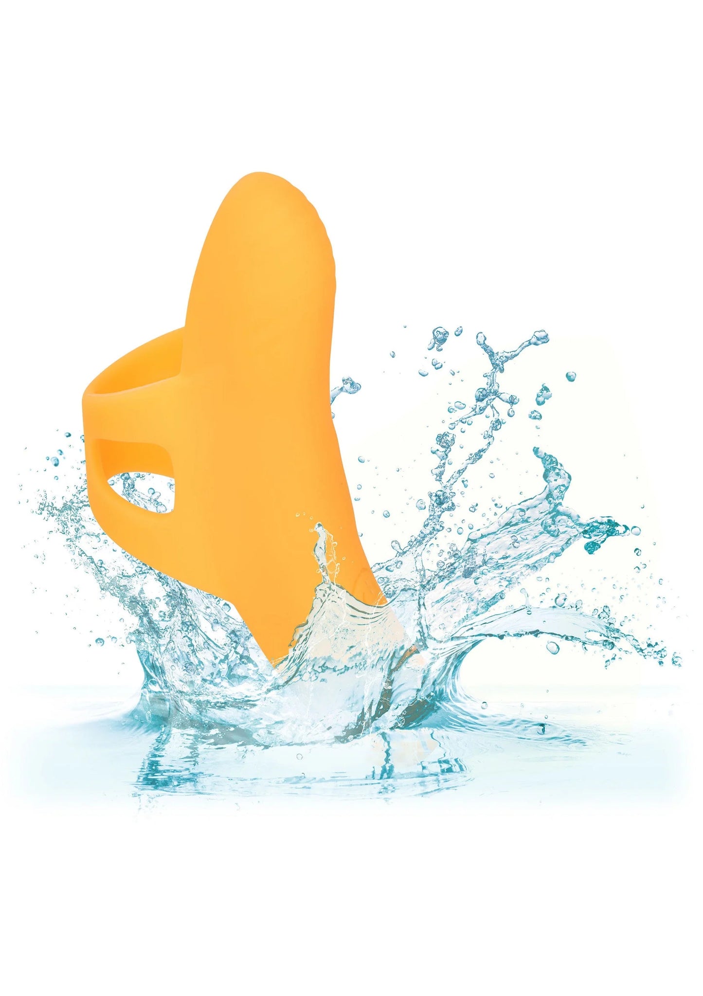 Oranje siliconen vibrator met openingen, in water-splash.