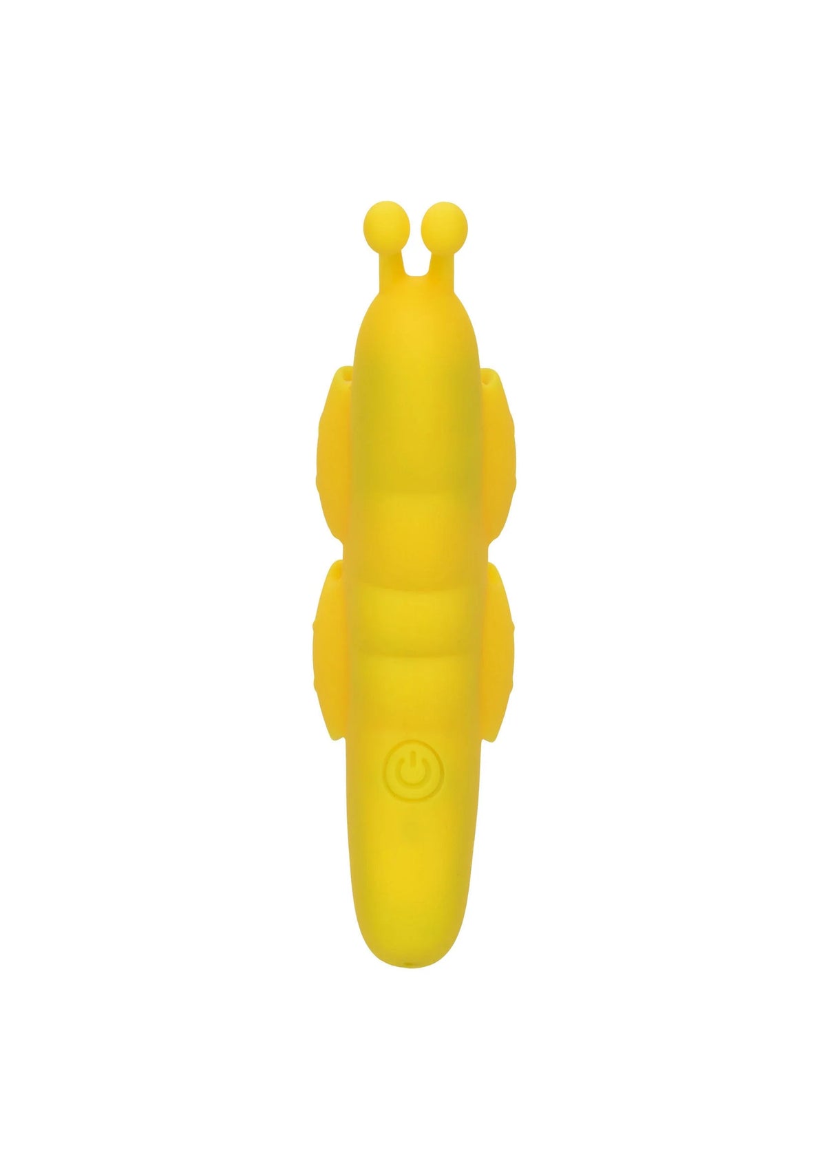 Gele vlinder-vormige vibrator recht van voren, met ronde knoppen bovenop.