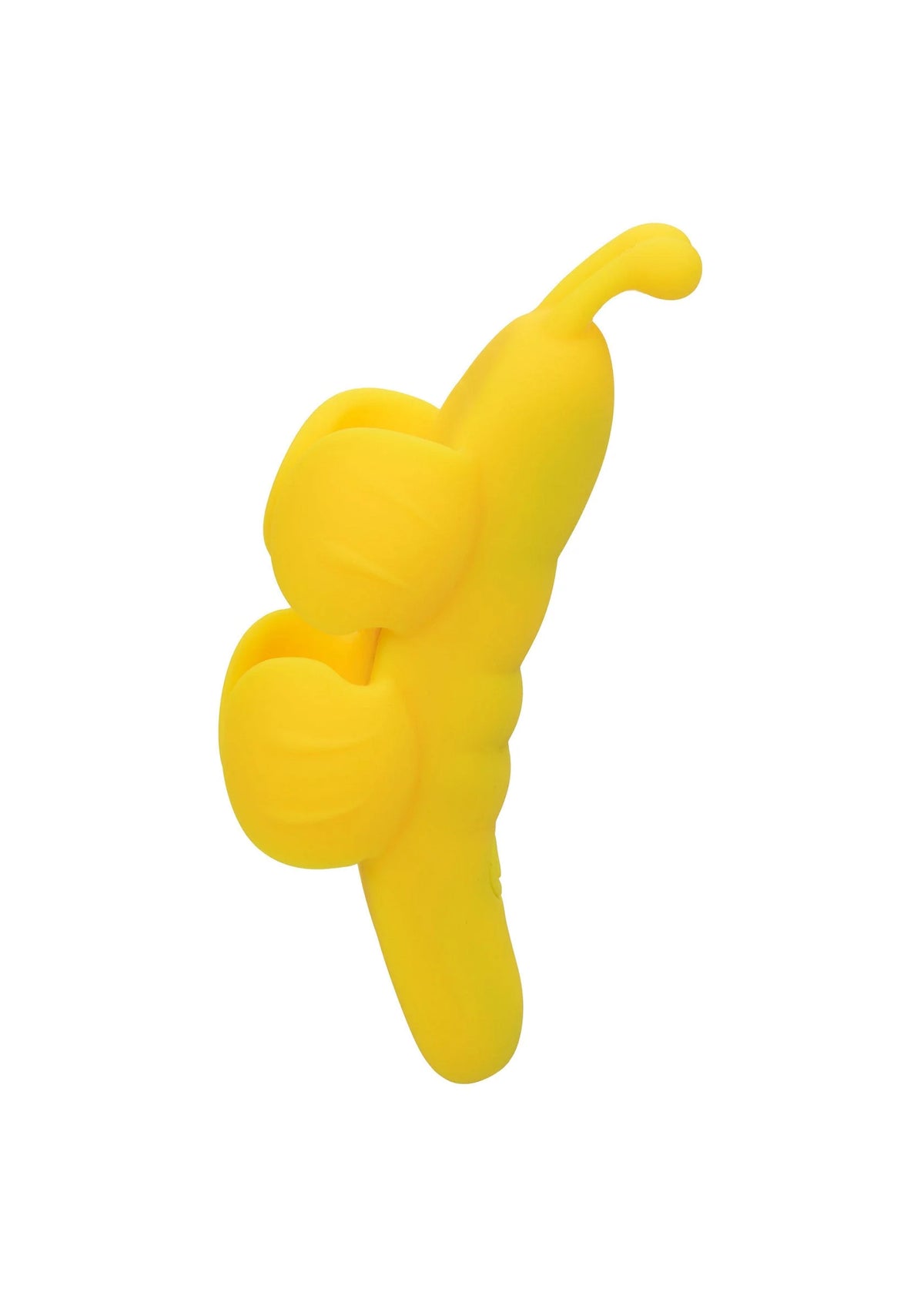 Gele vlinder-vormige vibrator gedraaid, zijkant zichtbaar met afgeronde vormen.