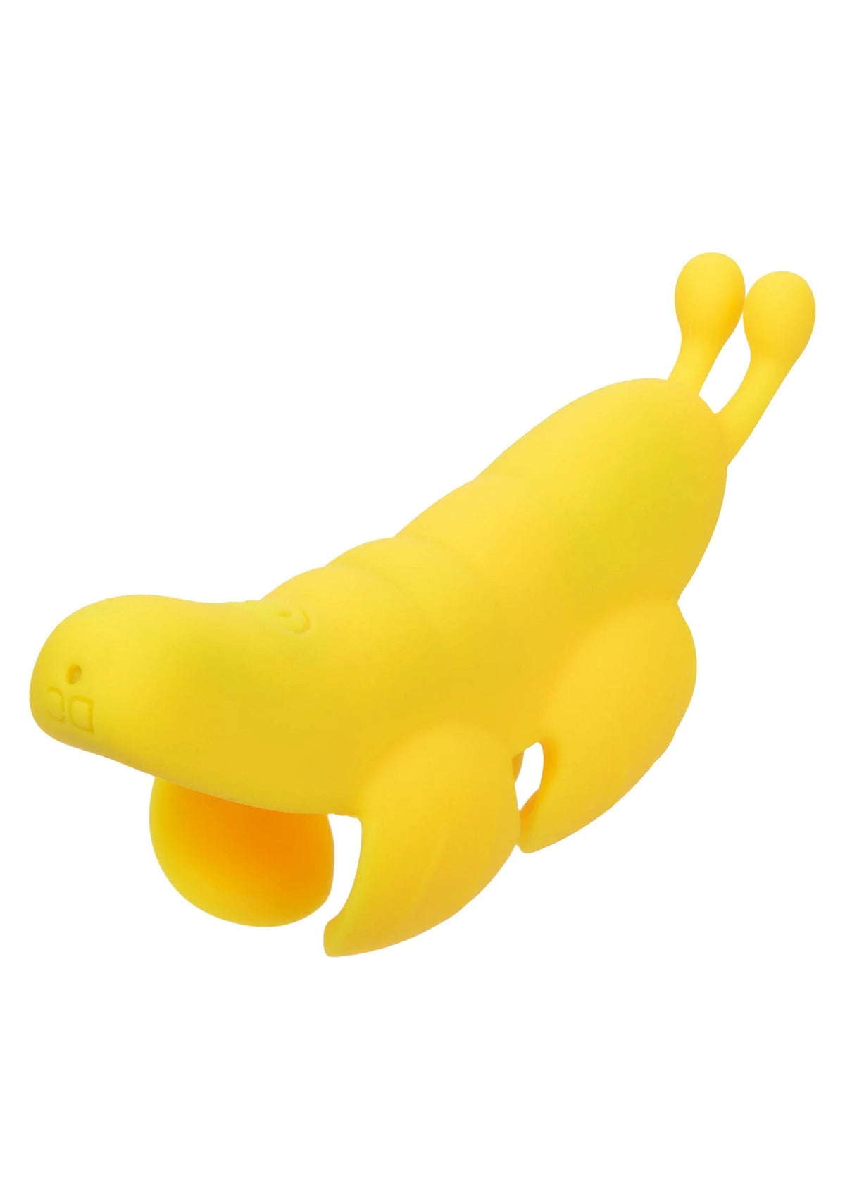 Gele vlinder-vormige vibrator liggend, bovenkant en lange onderkant in beeld.