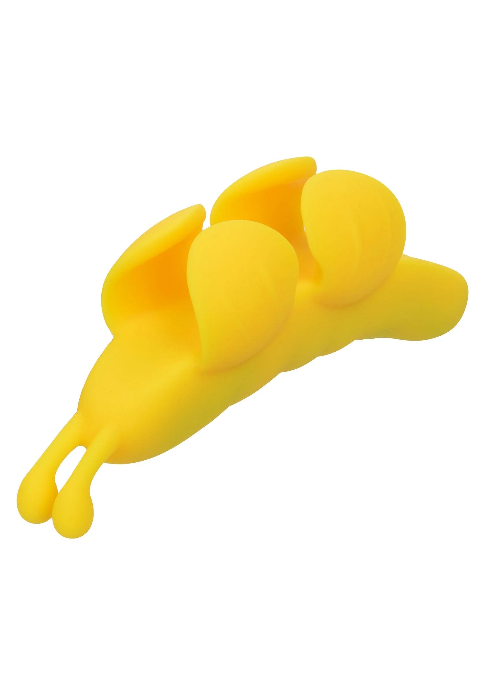 Gele vlinder-vormige vibrator van dichtbij, ronde details en brede middensectie zichtbaar.