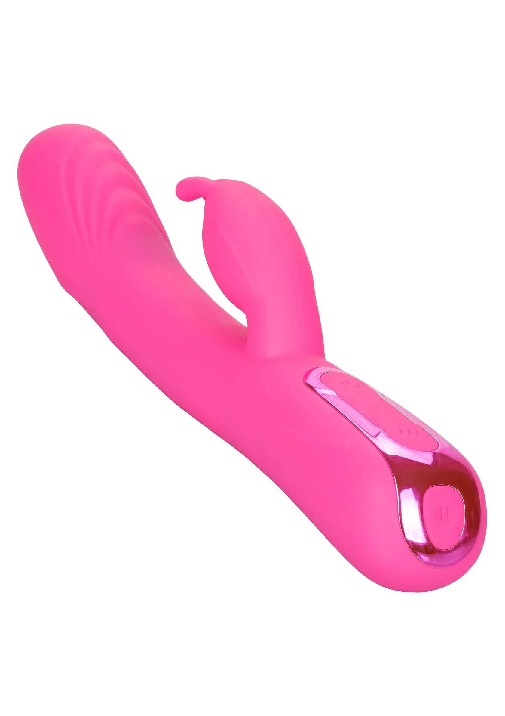 Roze konijnvormige vibrerende massager met afgeronde neus en zijknop