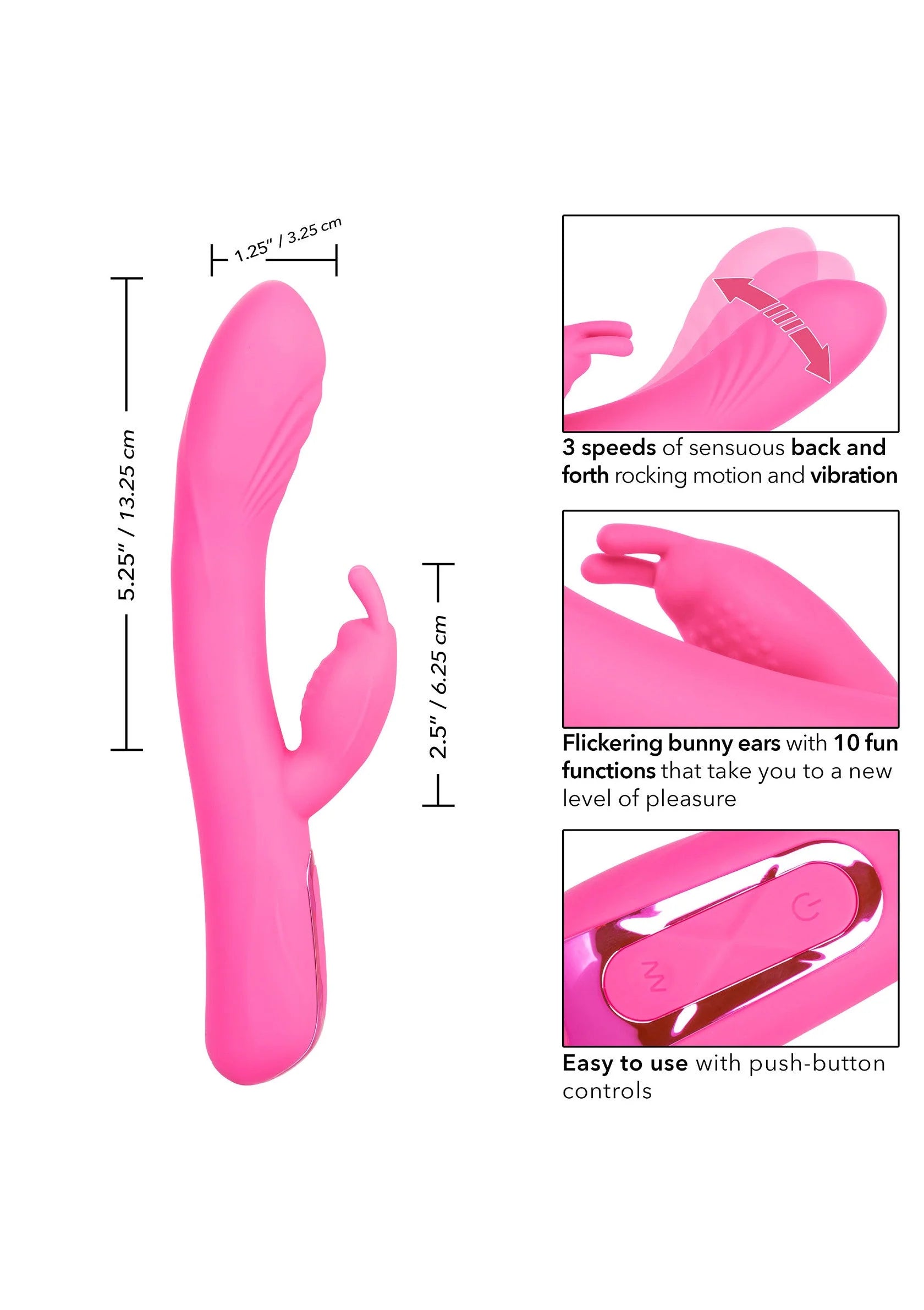 Roze siliconen rabbit-massager met opzetstukken en afmetingen