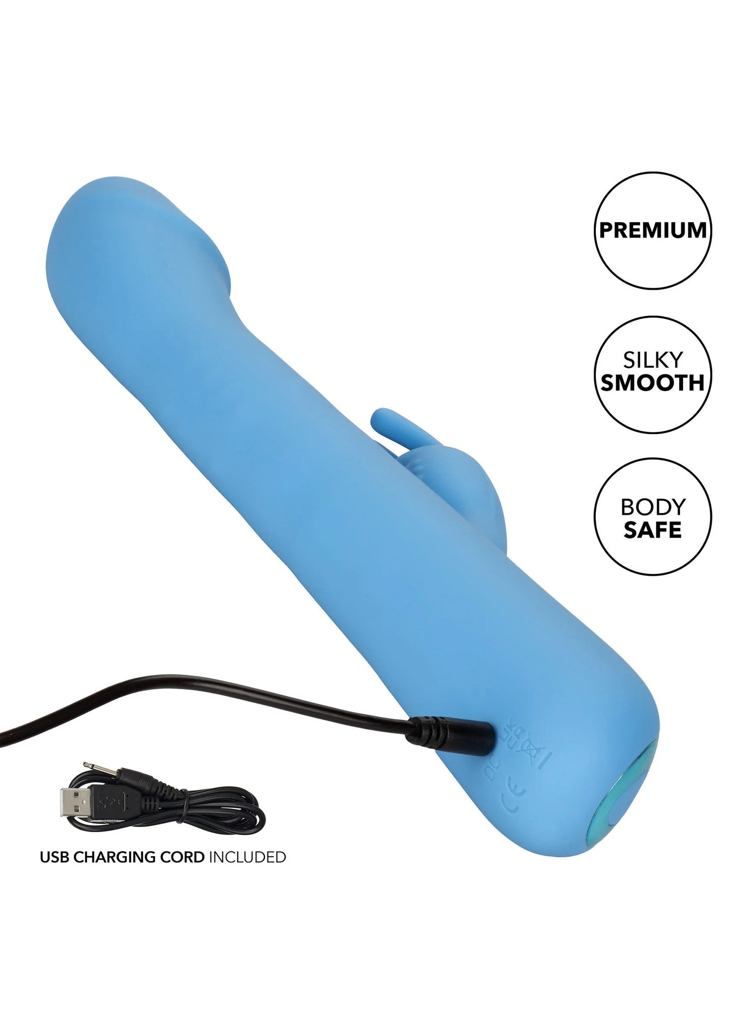 blauwe roterende konijnvibrator met zwarte USB-kabel
