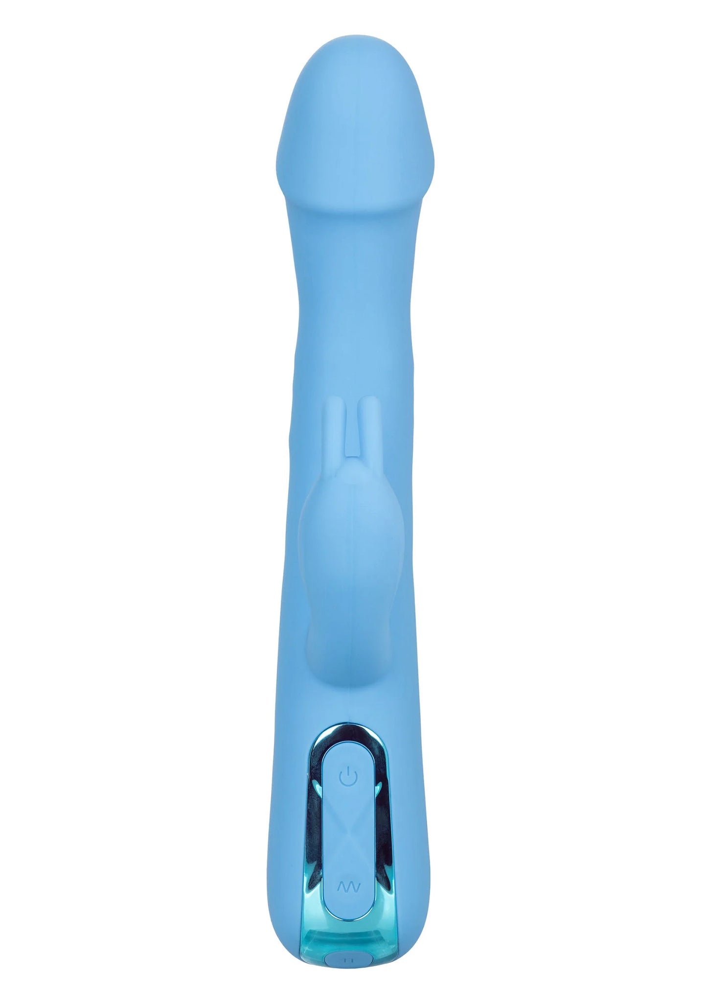 blauwe konijnvibrator met bedieningsknop aan de onderkant