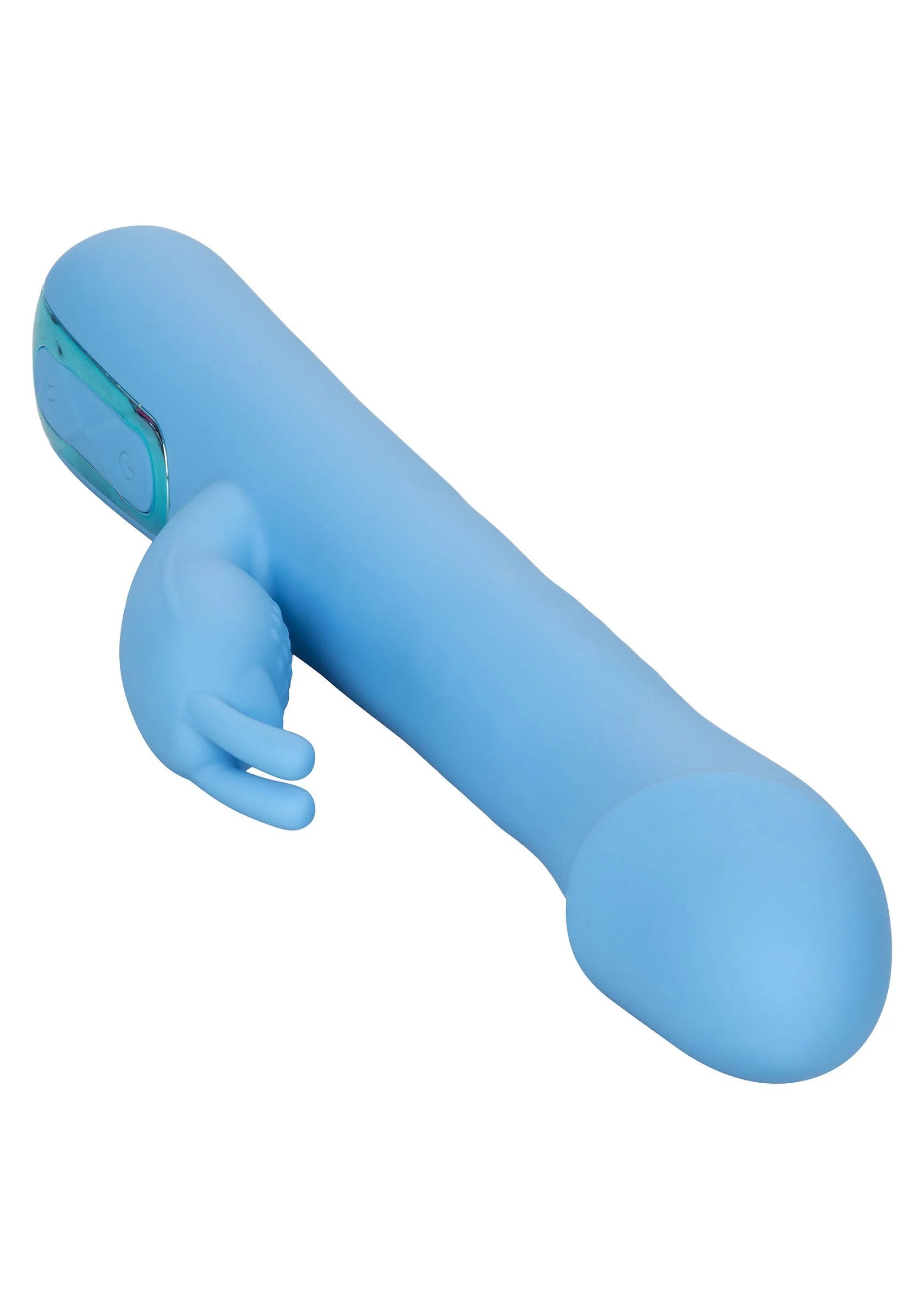 Blauwe rabbit-vibrator met ronde behuizing en gebogen kop