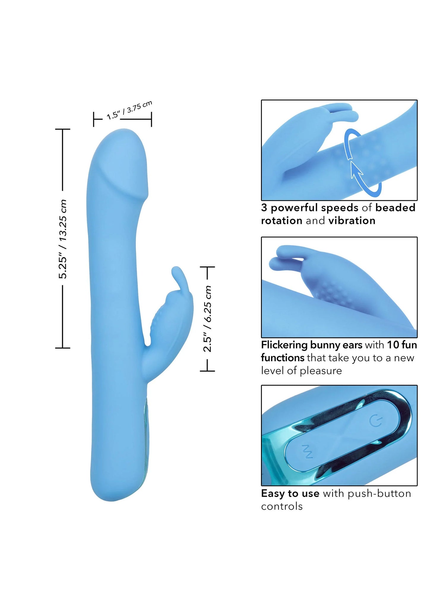 blauwe konijnvibrator met maatindicatie en push-button bediening