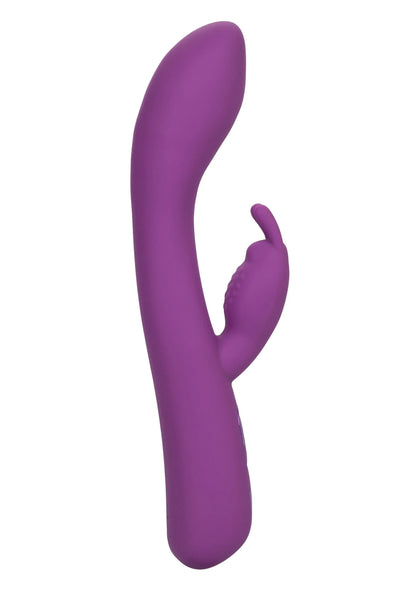 Paarse gebogen konijnenvibrator met kleine binnenliggende trilkop
