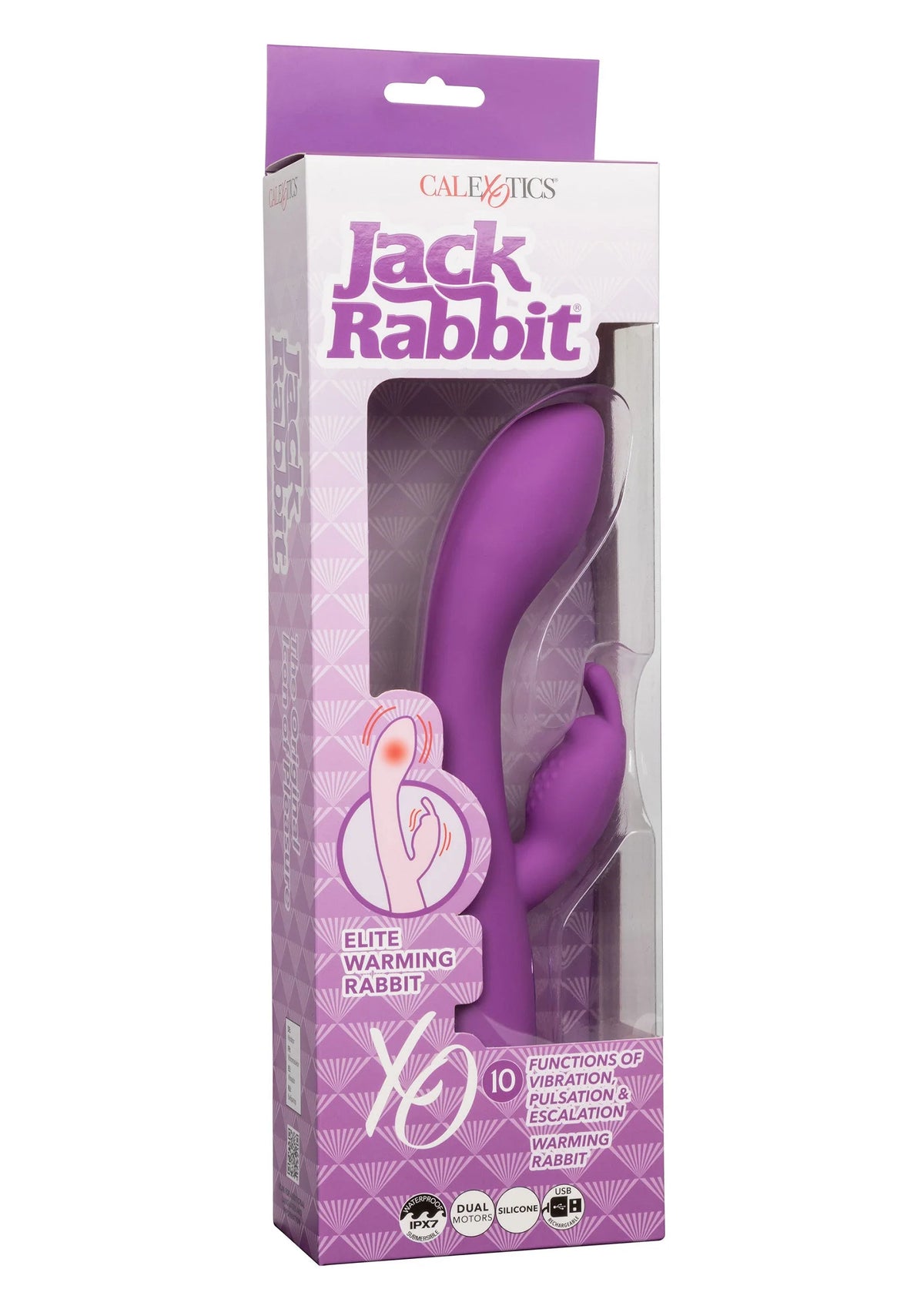 Doos met paarse verwarmende rabbit-vibrator van CalExotics