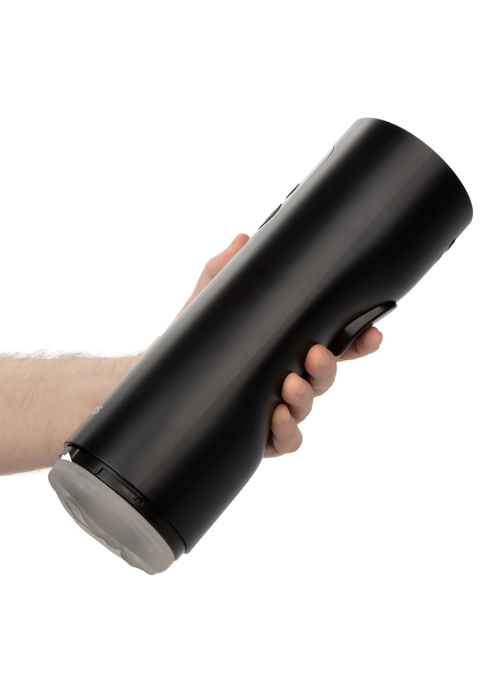 Bionische thrusting-masturbator, zwart, cilindervormig, vast te houden handgreep