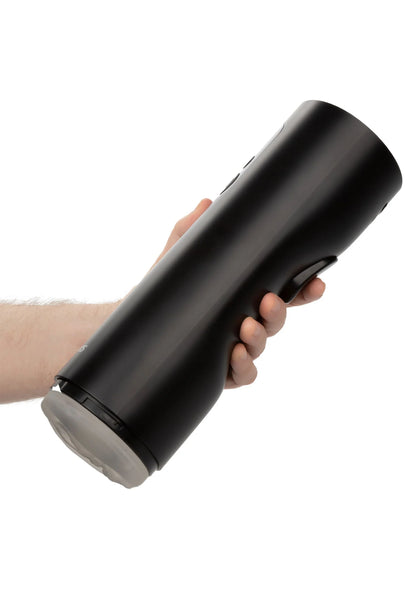 Bionische thrusting-masturbator, zwart, cilindervormig, vast te houden handgreep