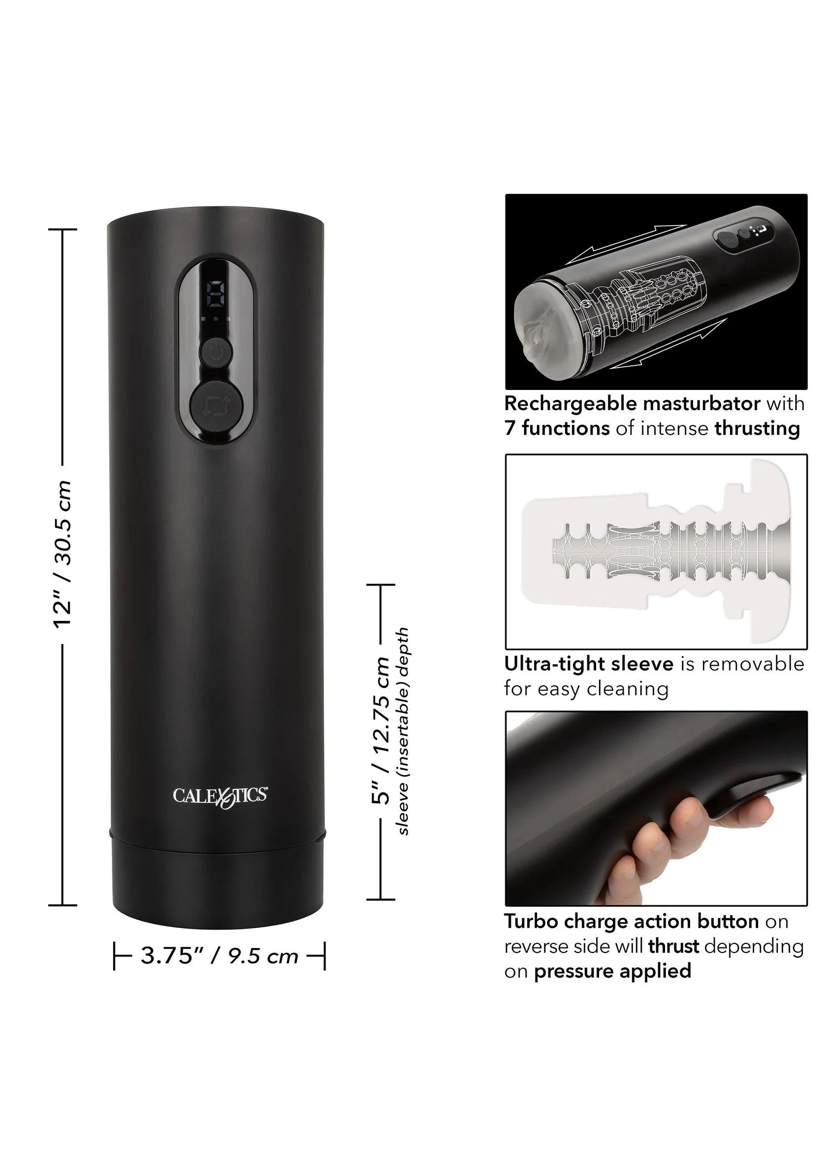 Afmetingen en functies: zwarte thrusting-masturbator met verwijderbare, ultra-strakke sleeve